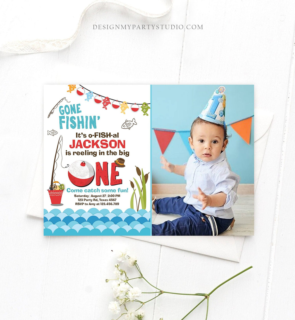 Editable First Birthday Fishing Invitation Fishing Party The Big One O-fish-al Gone Fishing Boy Download Printable Template Corjl 0080