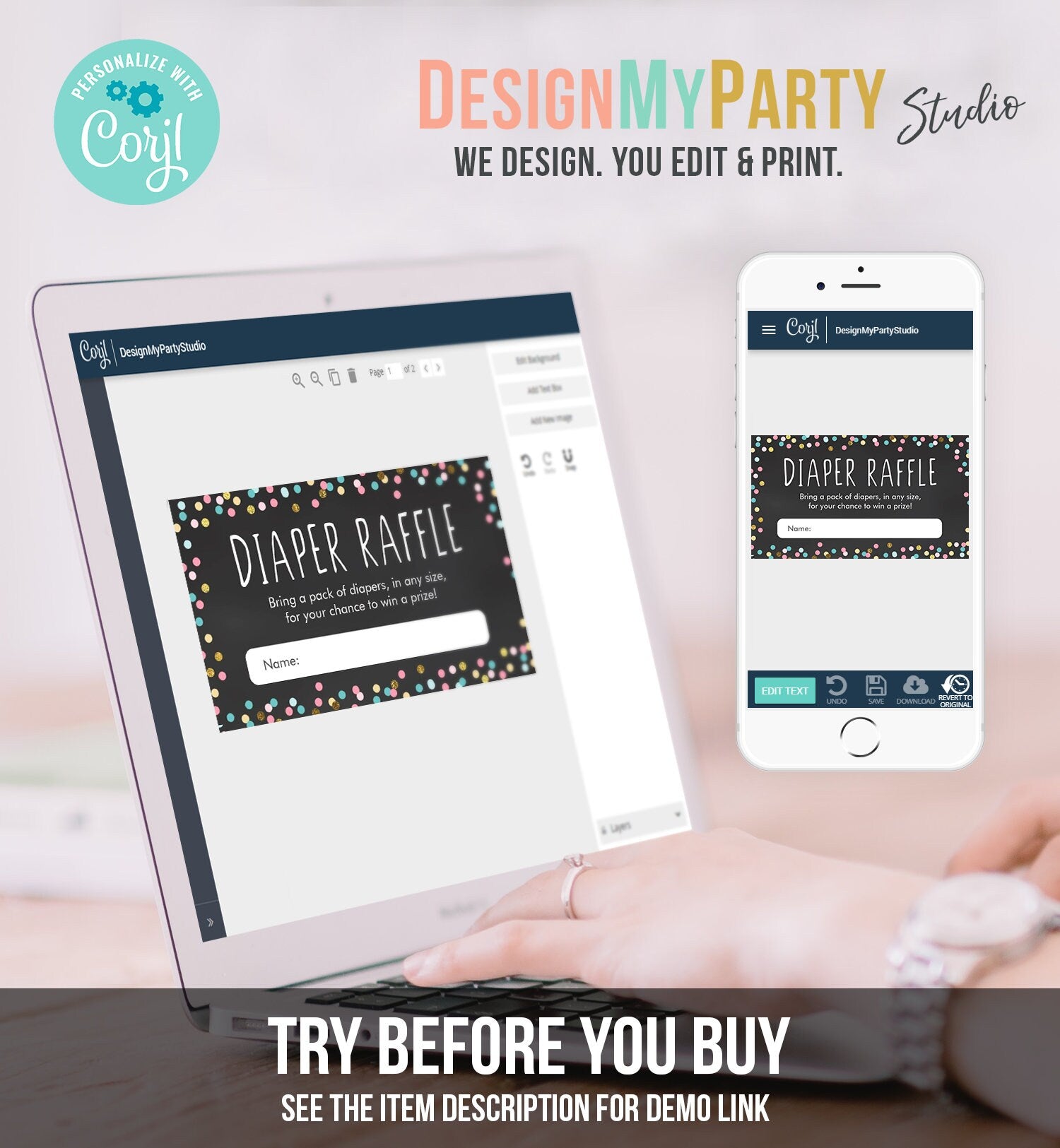 Editable Diaper Raffle Ticket Confetti Gender Neutral Blue Pink Gold Diaper Game Ticket Baby Shower Insert Template PRINTABLE Corjl 0133