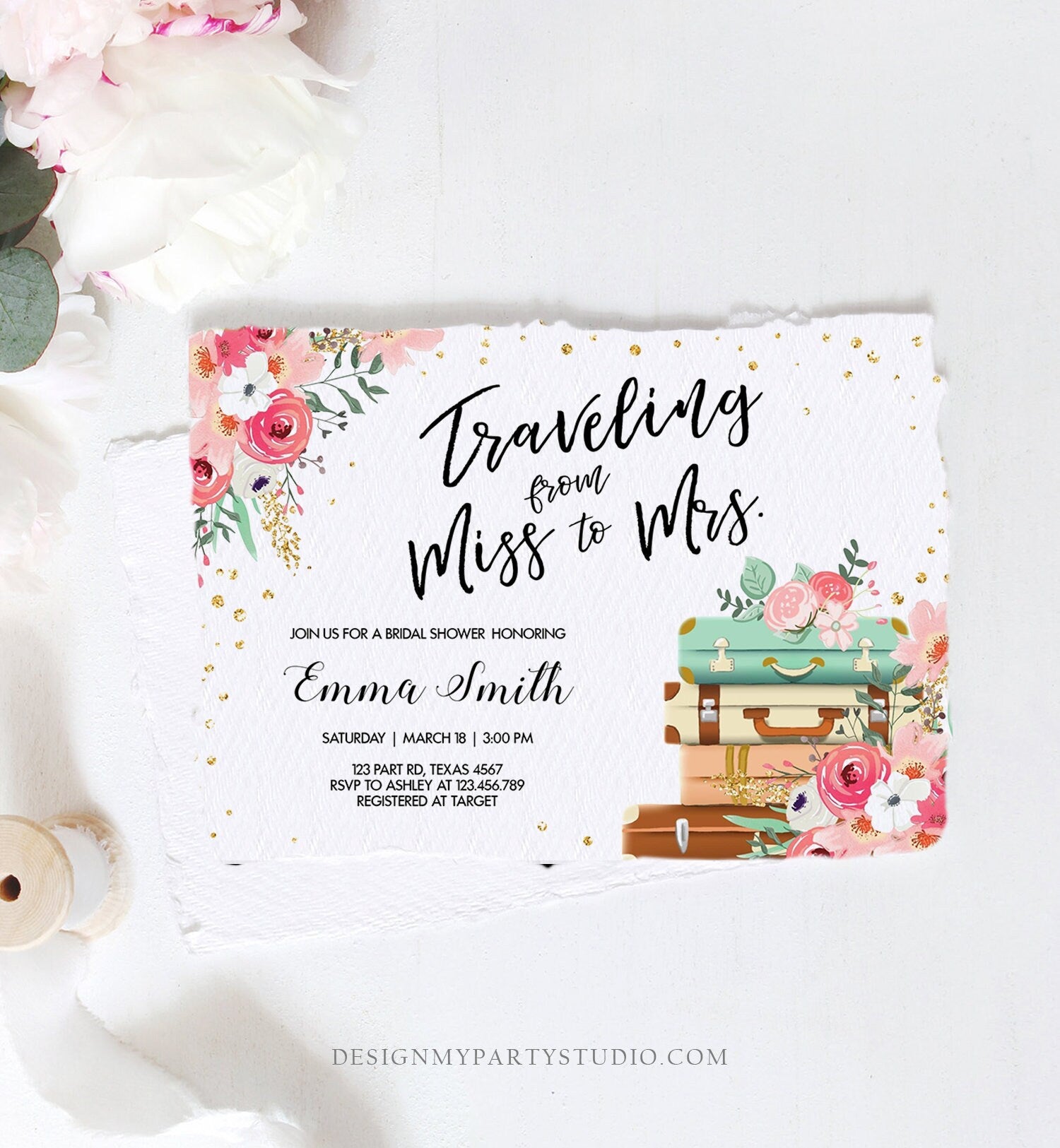 Editable Miss to Mrs Travel Bridal Shower Invitation Pink Flowers Suitcase Gold Confetti Traveling Download Printable Corjl Template 0030