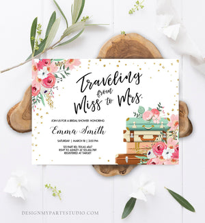 Editable Miss to Mrs Travel Bridal Shower Invitation Pink Flowers Suitcase Gold Confetti Traveling Download Printable Corjl Template 0030