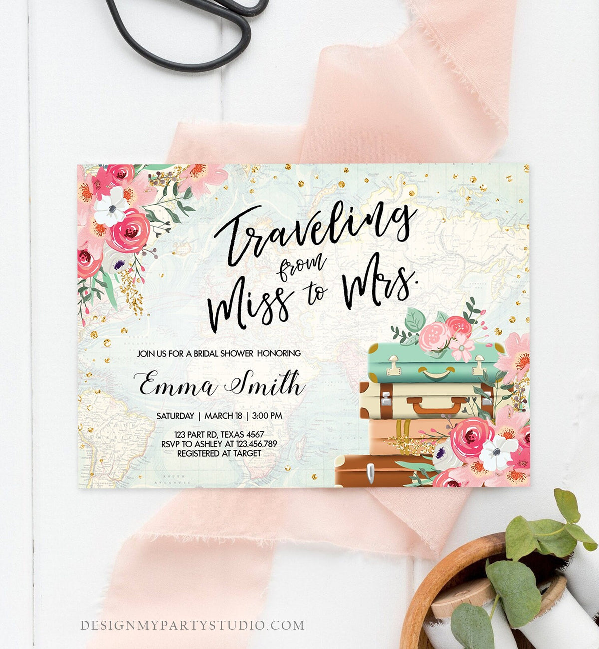 Editable Miss to Mrs Travel Bridal Shower Invitation Pink Flowers Suitcase Gold Confetti Traveling Download Printable Corjl Template 0030