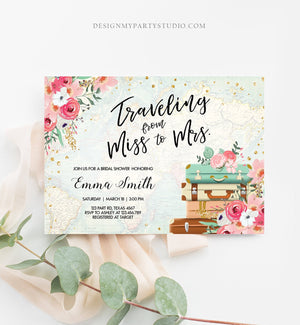 Editable Miss to Mrs Travel Bridal Shower Invitation Pink Flowers Suitcase Gold Confetti Traveling Download Printable Corjl Template 0030
