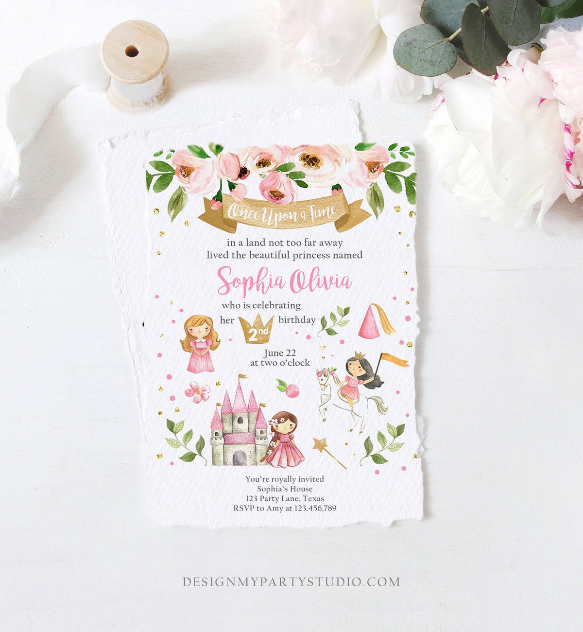Editable Princess Birthday invitation Princess Party Girls Once Upon a Time Pink Gold Floral Download Printable Template Editable Corjl 0171