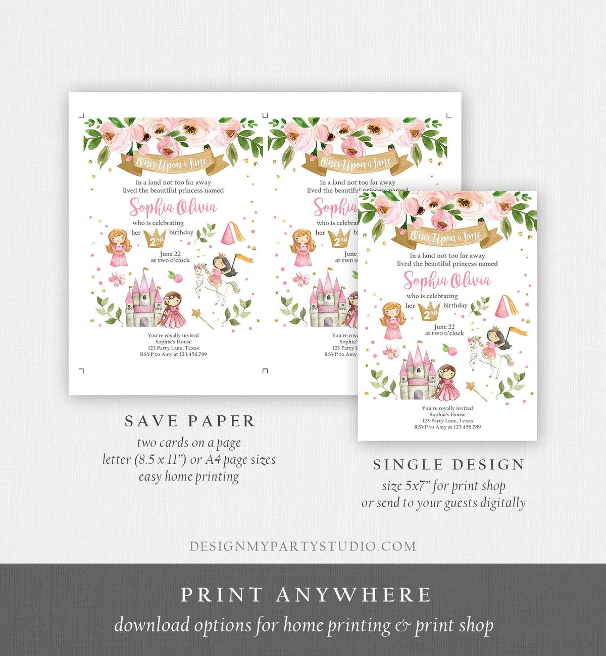 Editable Princess Birthday invitation Princess Party Girls Once Upon a Time Pink Gold Floral Download Printable Template Editable Corjl 0171