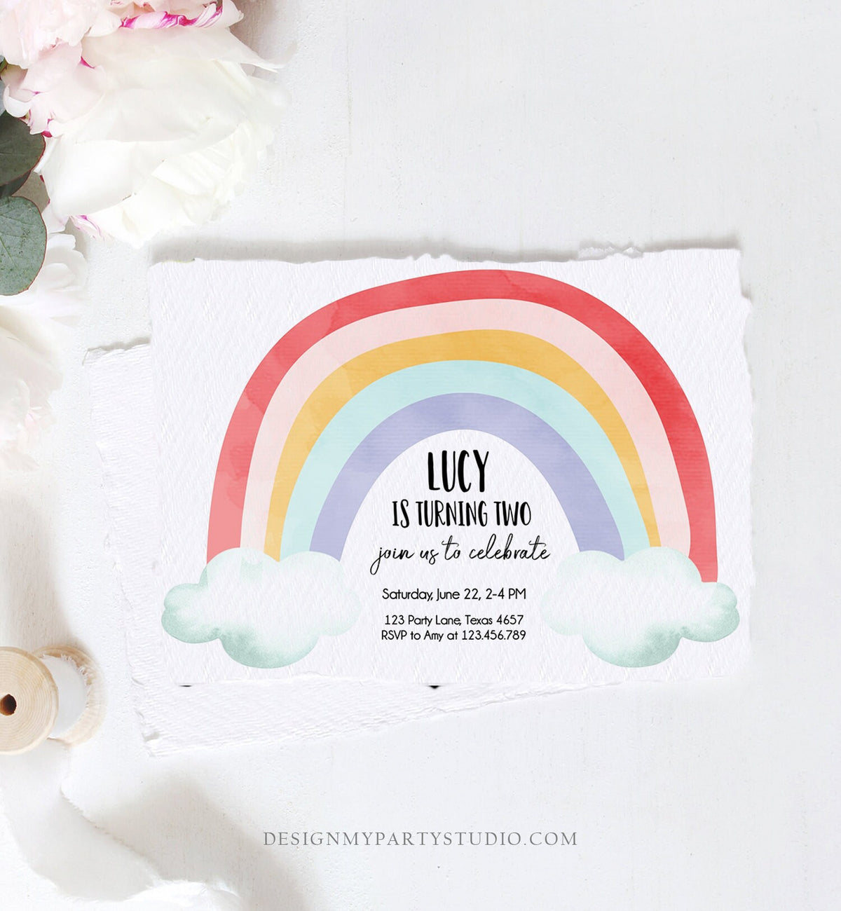 Editable Rainbow Birthday Invitation Kids Girl Boy Neutral Party Clouds Colorful Rainbow Colors Printable Corjl Template Digital 0272