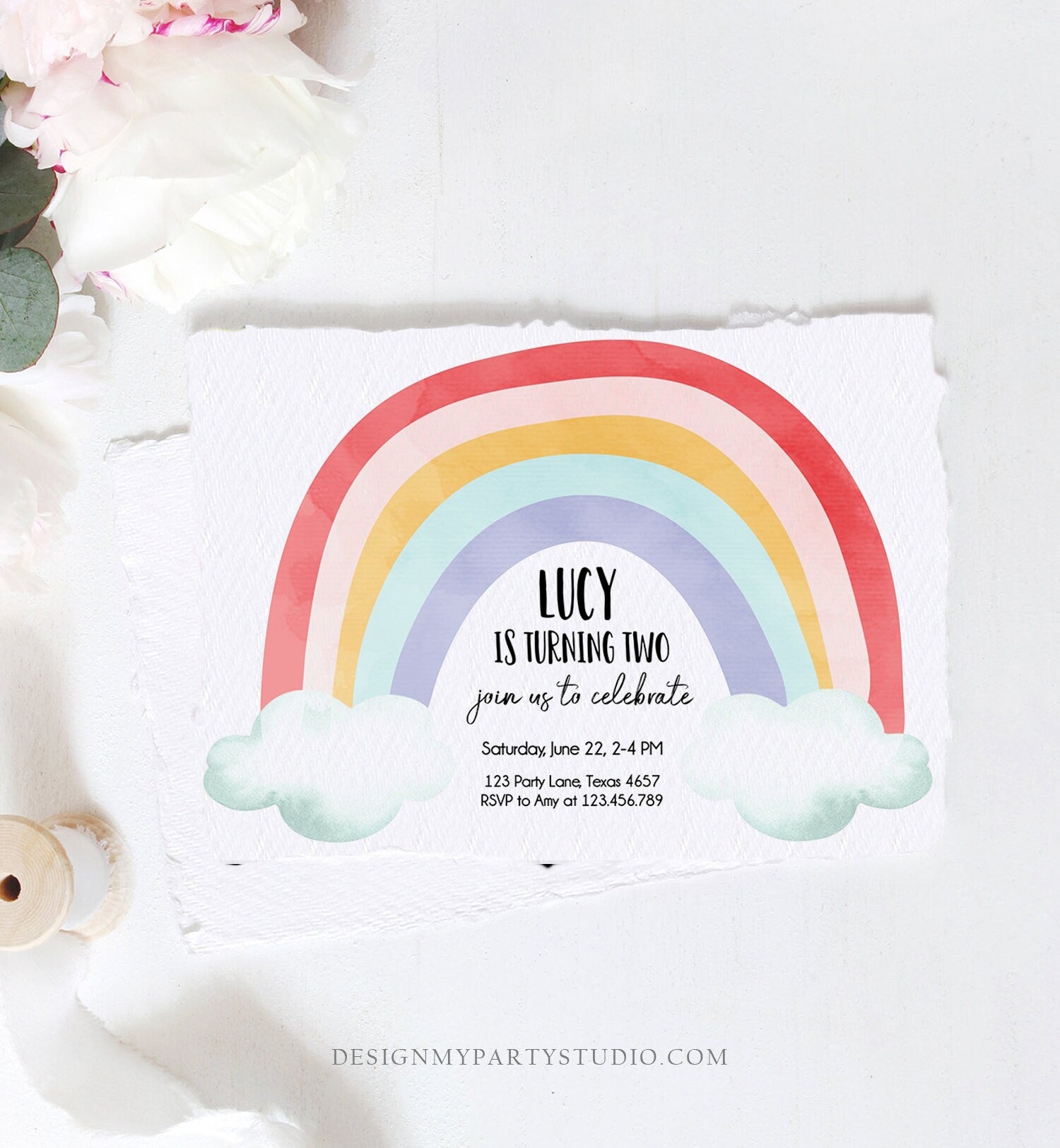 Editable Rainbow Birthday Invitation Kids Girl Boy Neutral Party Clouds Colorful Rainbow Colors Printable Corjl Template Digital 0272