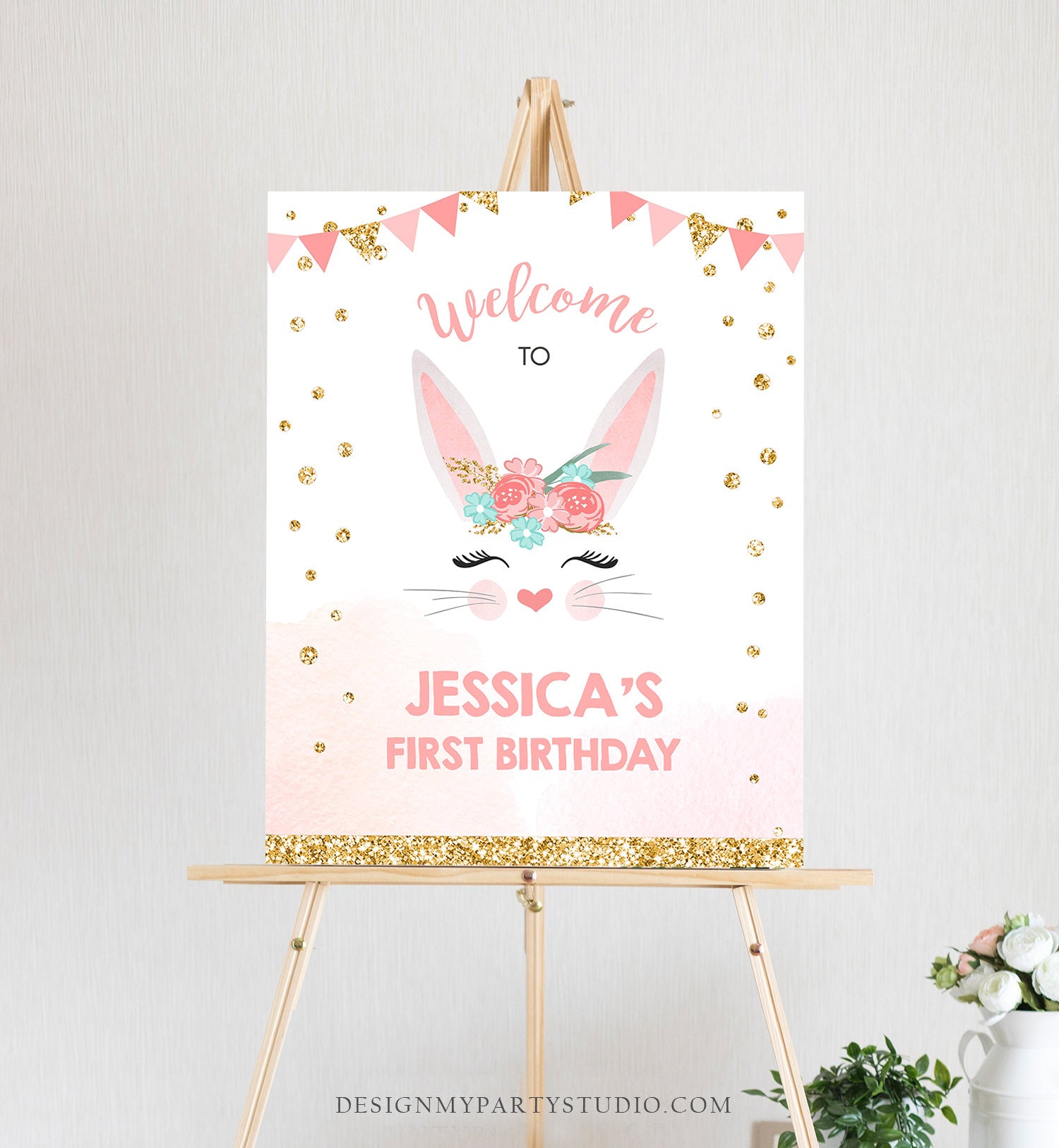 Editable Bunny Welcome Sign Bunny Birthday Welcome Sign Girl Pink Gold Floral Flowers Spring Bunny Face Easter Template PRINTABLE Corjl 0238