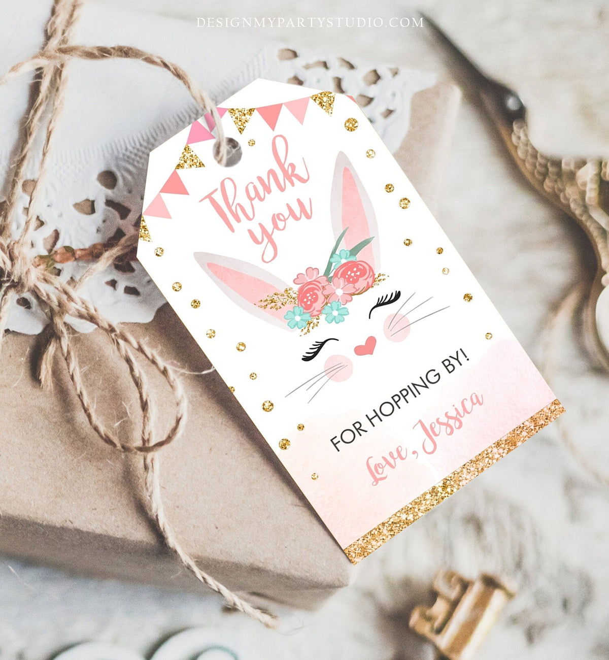 Editable Bunny Favor Tags Birthday Thank you Tag Hopping by Bunny Face Labels Gift Tags Girl Pink Gold Floral Template PRINTABLE Corjl 0238