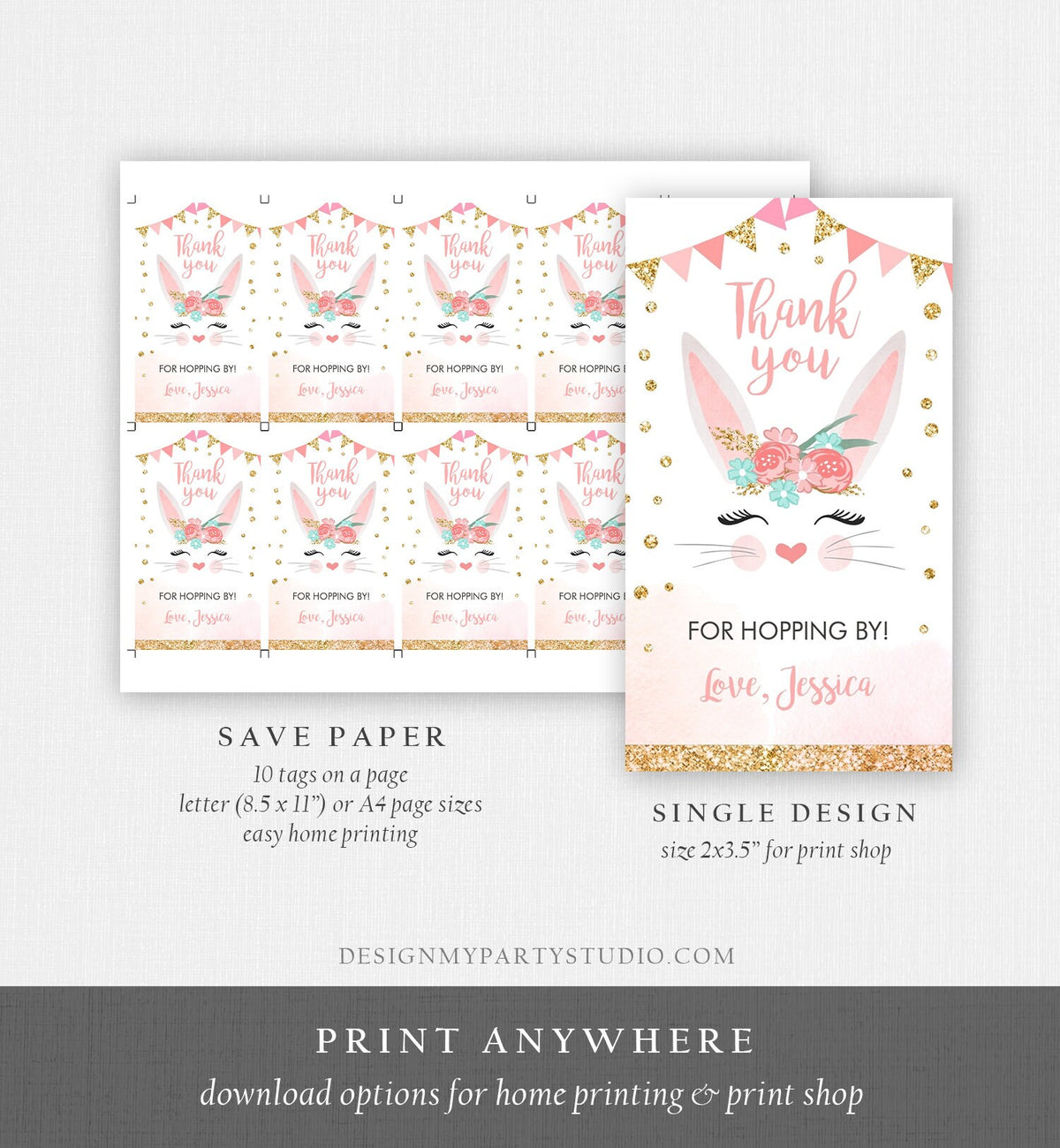 Editable Bunny Favor Tags Birthday Thank you Tag Hopping by Bunny Face Labels Gift Tags Girl Pink Gold Floral Template PRINTABLE Corjl 0238