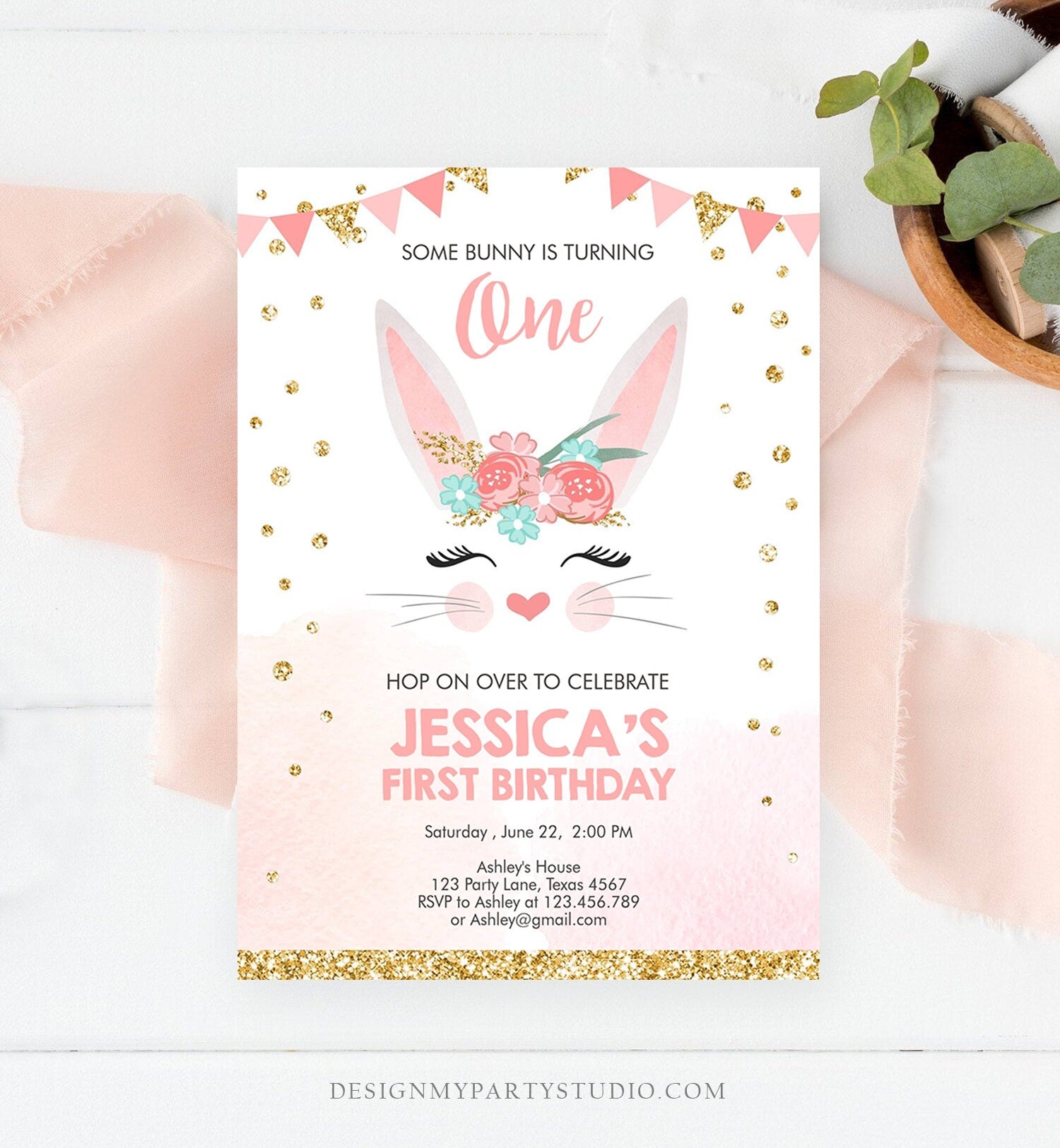Editable Bunny Birthday Invitation Girl Birthday Pink Gold Floral Bunny Face Spring Birthday Easter Printable Template Download Corjl 0238