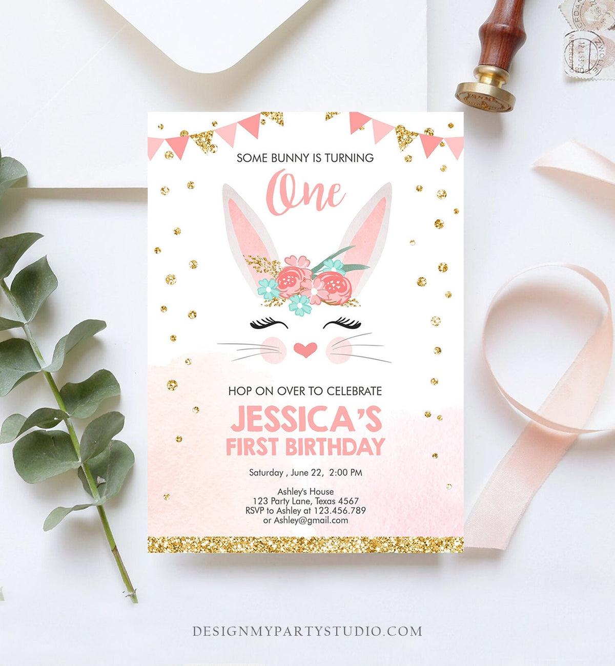 Editable Bunny Birthday Invitation Girl Birthday Pink Gold Floral Bunny Face Spring Birthday Easter Printable Template Download Corjl 0238