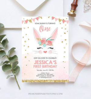 Editable Bunny Birthday Invitation Girl Birthday Pink Gold Floral Bunny Face Spring Birthday Easter Printable Template Download Corjl 0238