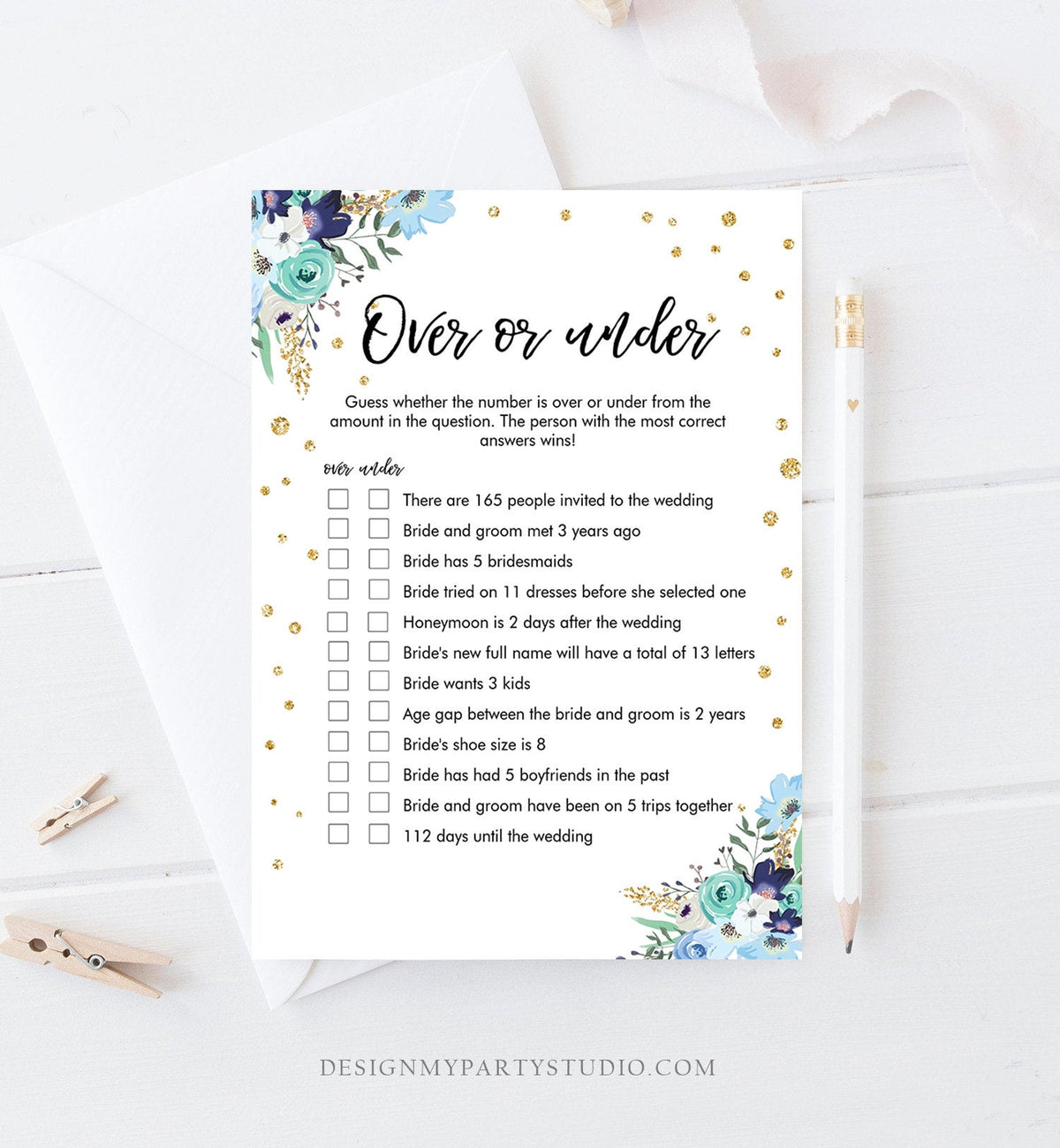 Editable Over or Under Bridal Shower Game Floral Greenery Flowers Blue Gold Confetti Hens Night Guessing Pink Flowers Corjl Template 0030