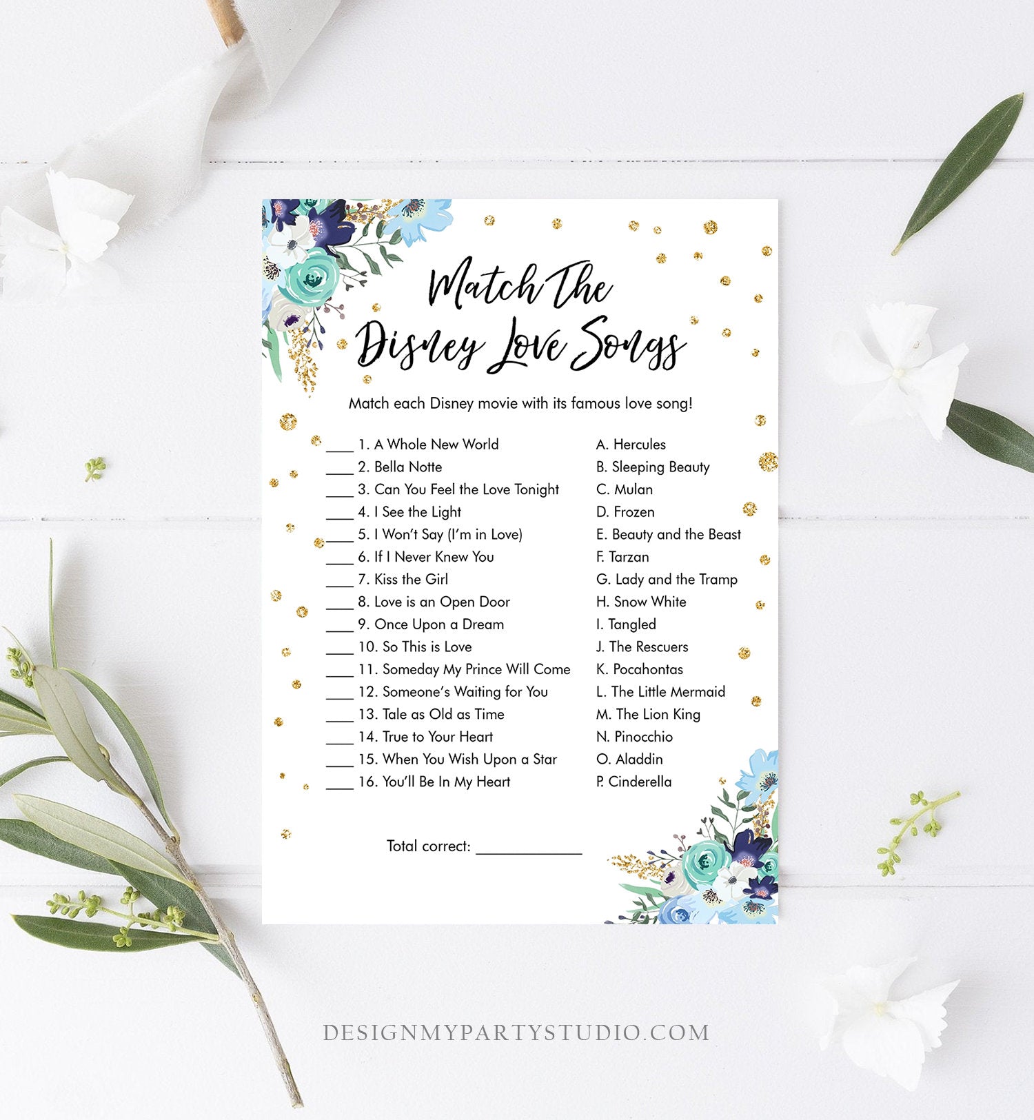 Editable Disney Love Quotes Bridal Shower Game Match Disney Love Songs Wedding Shower Activity Bachelorette Corjl Template Printable 0030