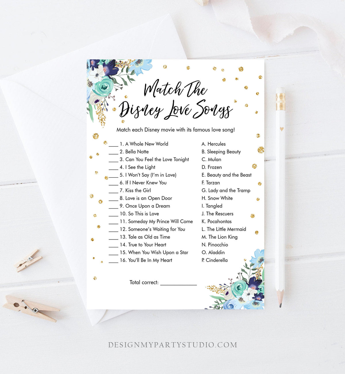 Editable Disney Love Quotes Bridal Shower Game Match Disney Love Songs Wedding Shower Activity Bachelorette Corjl Template Printable 0030