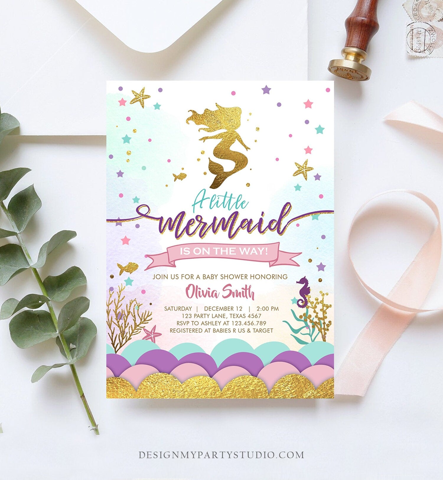 Editable Little Mermaid on the Way Baby Shower Invitation Under The Sea Sprinkle Girl Pink Purple Gold 1st Corjl Template Printable 0076