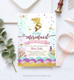 Editable Little Mermaid on the Way Baby Shower Invitation Under The Sea Sprinkle Girl Pink Purple Gold 1st Corjl Template Printable 0076