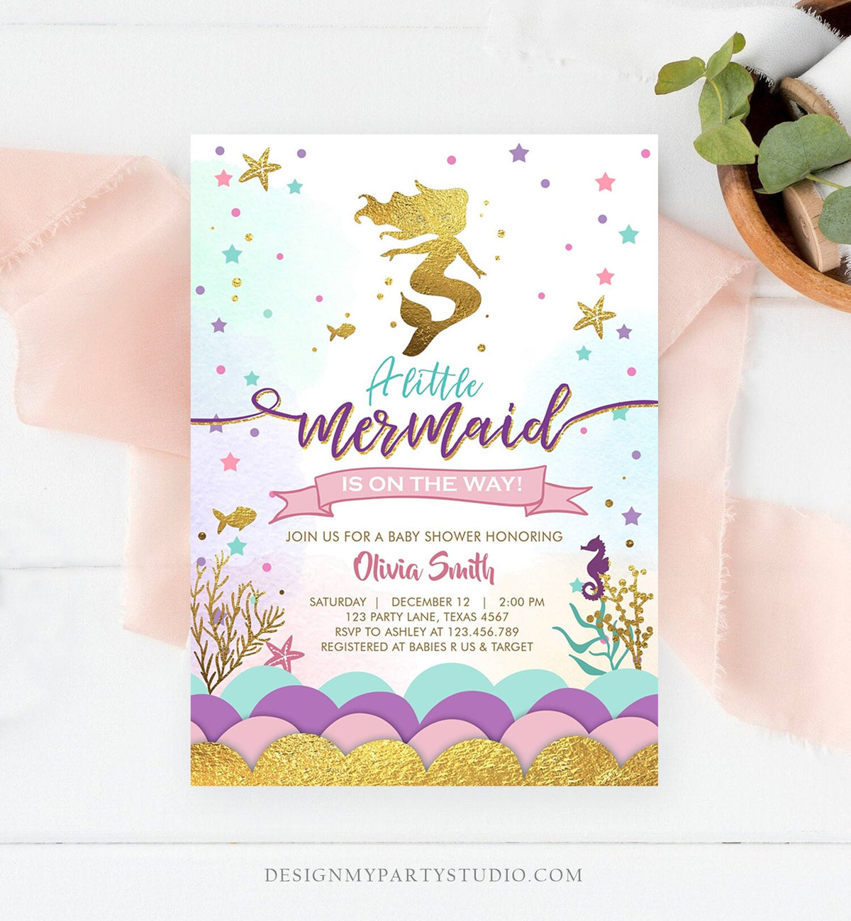 Editable Little Mermaid on the Way Baby Shower Invitation Under The Sea Sprinkle Girl Pink Purple Gold 1st Corjl Template Printable 0076