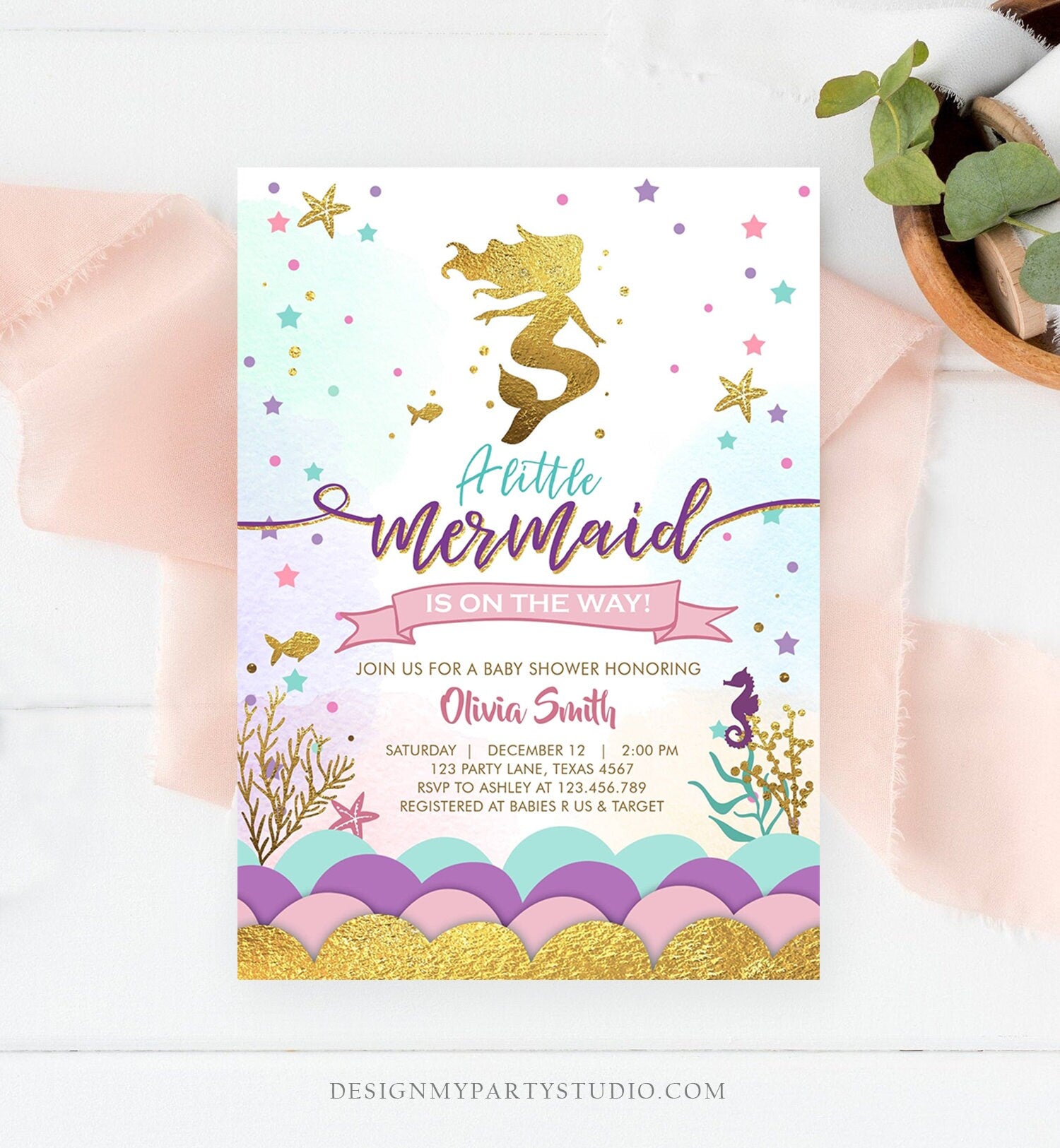 Editable Little Mermaid on the Way Baby Shower Invitation Under The Sea Sprinkle Girl Pink Purple Gold 1st Corjl Template Printable 0076