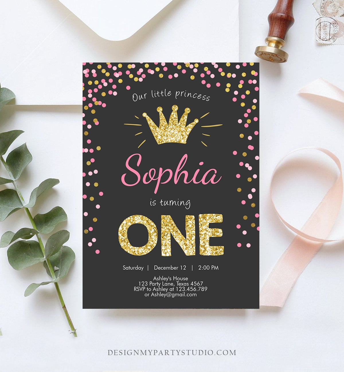 Editable Little Princess Birthday Invitation Girl Pink Gold First Birthday 1st ANY AGE Confetti Crown Download Corjl Template Printable 0047