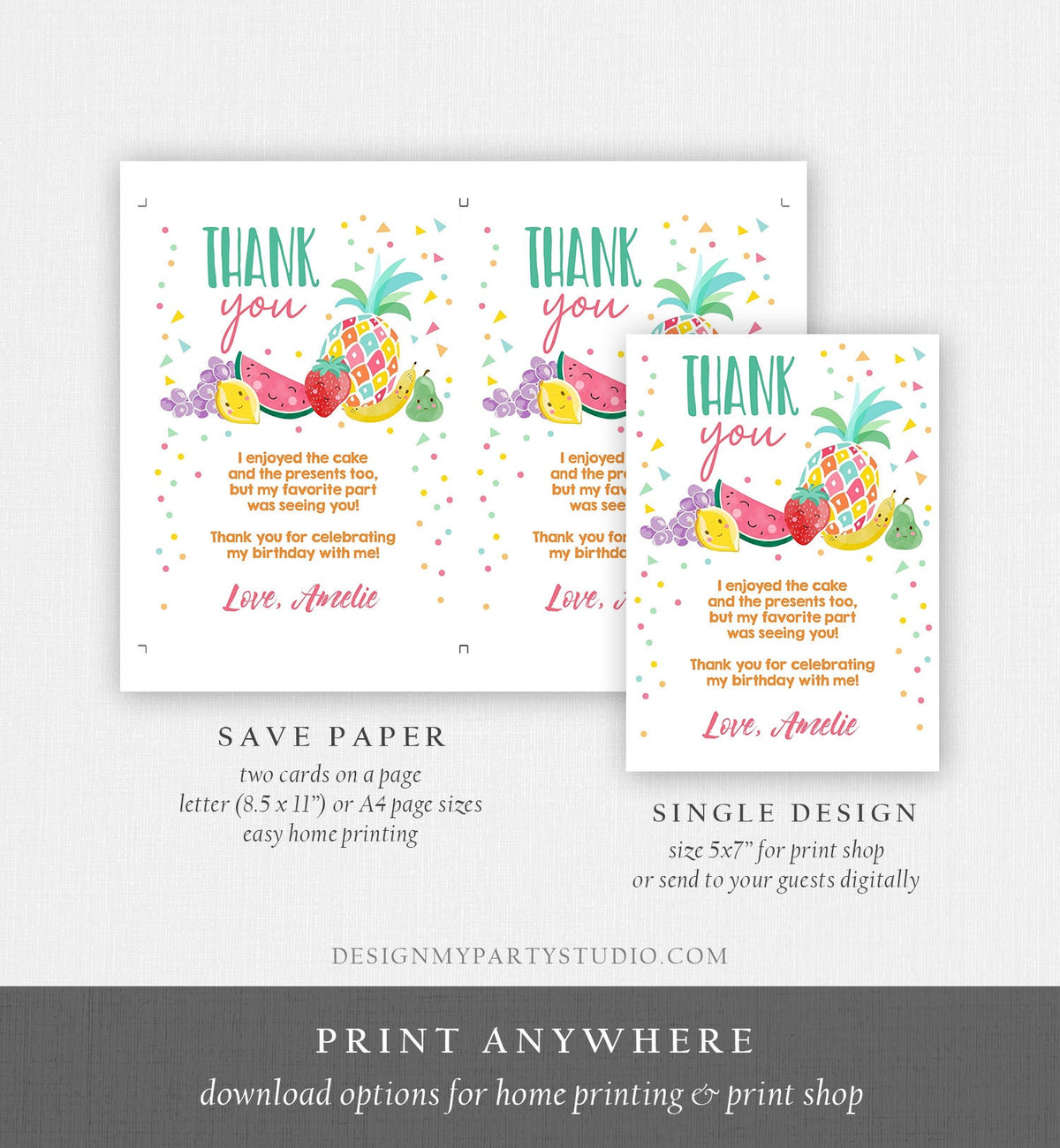 Editable Twotti Frutti Thank You Card Fruit Birthday Tutti Frutty Birthday Girl Summer Fruit Download Printable Template Digital Corjl 0139