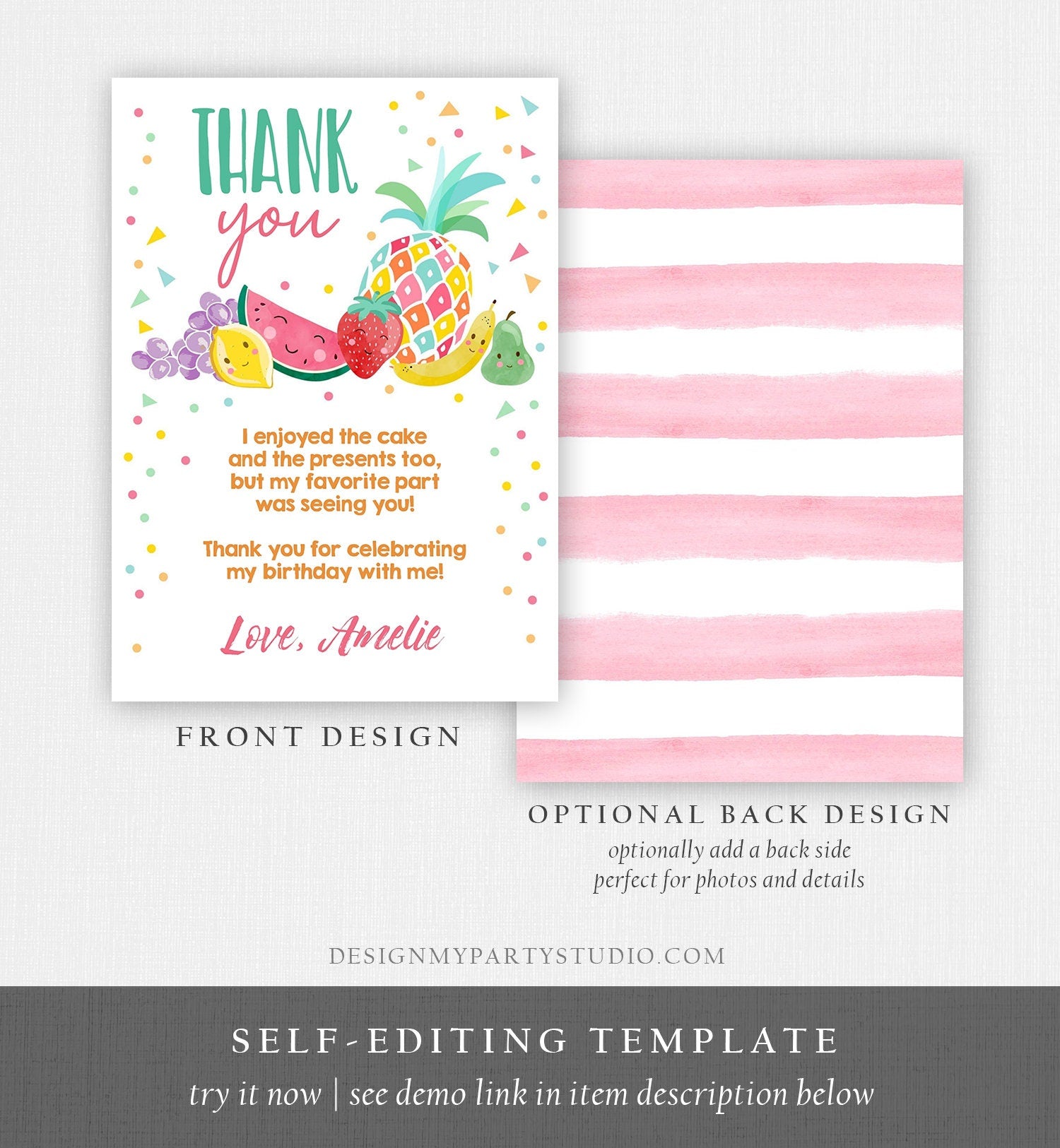 Editable Twotti Frutti Thank You Card Fruit Birthday Tutti Frutty Birthday Girl Summer Fruit Download Printable Template Digital Corjl 0139