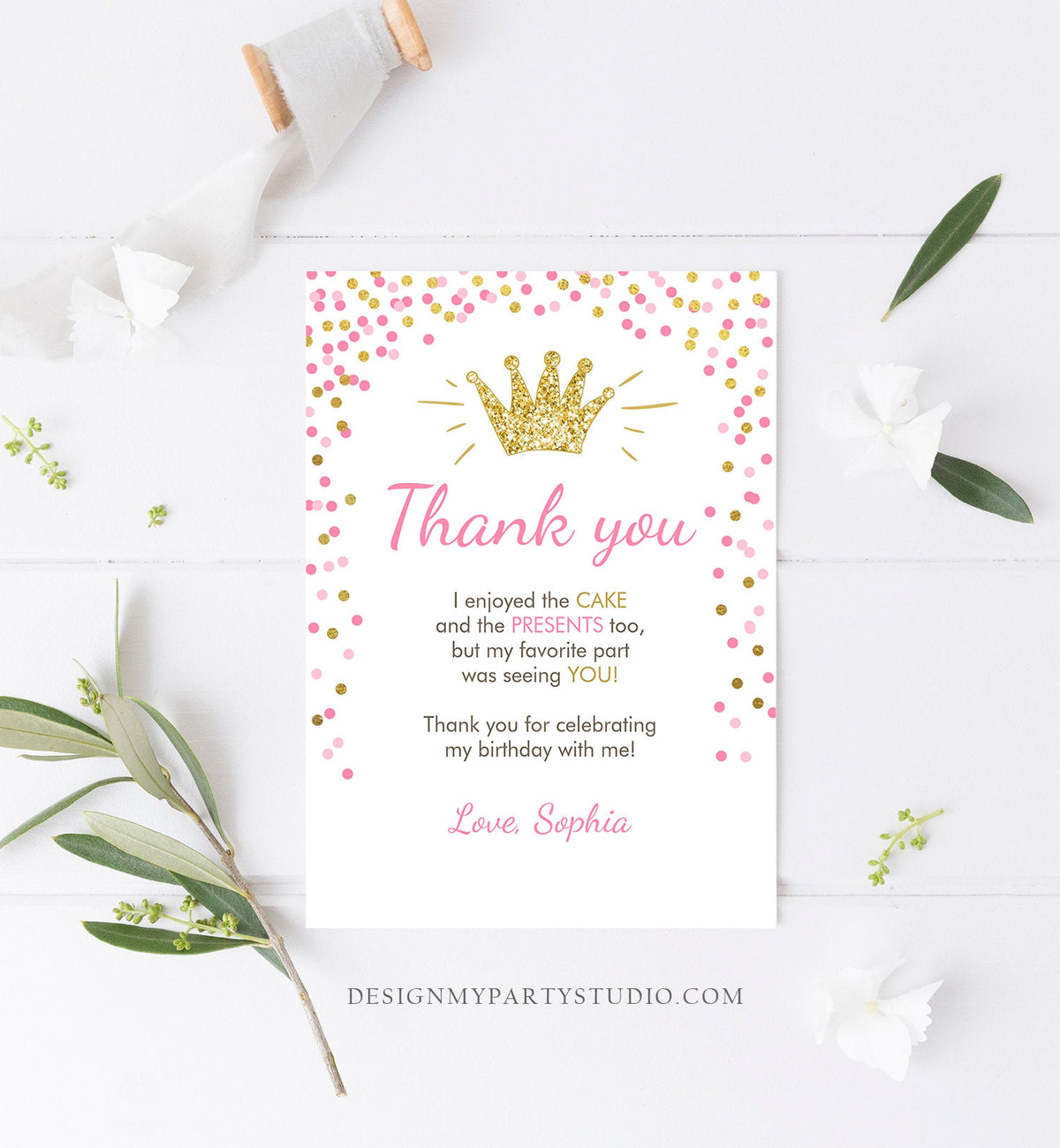 Editable Princess Thank You Card Girl Pink Gold Crown Birthday Thank You Note Royal First Birthday Digital Corjl Template Printable 0047