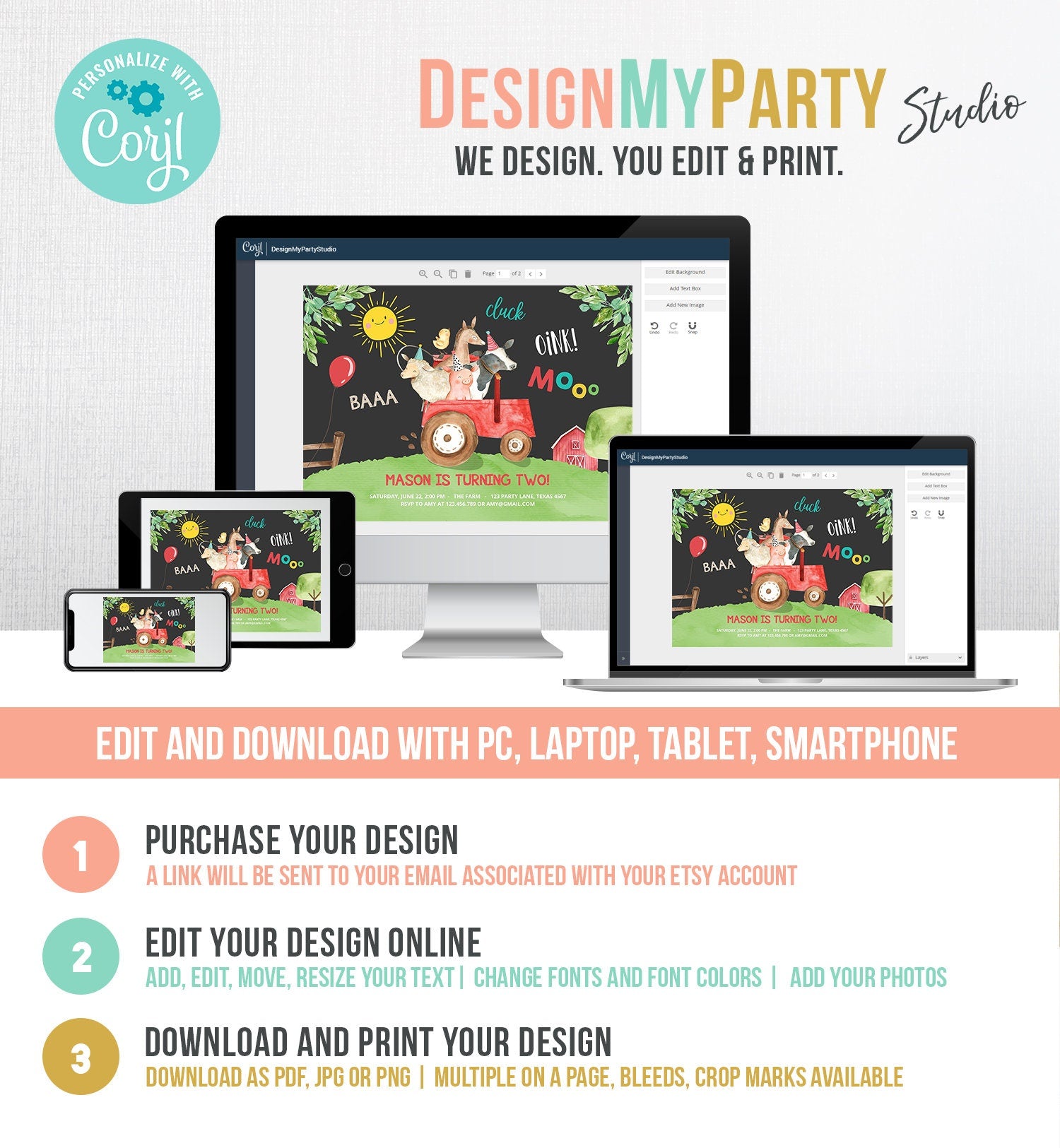 Editable Farm Birthday Invitation Boy Farm Animals Red Tractor Leaves Barnyard Party Cow Pig Download Printable Template Digital Corjl 0155