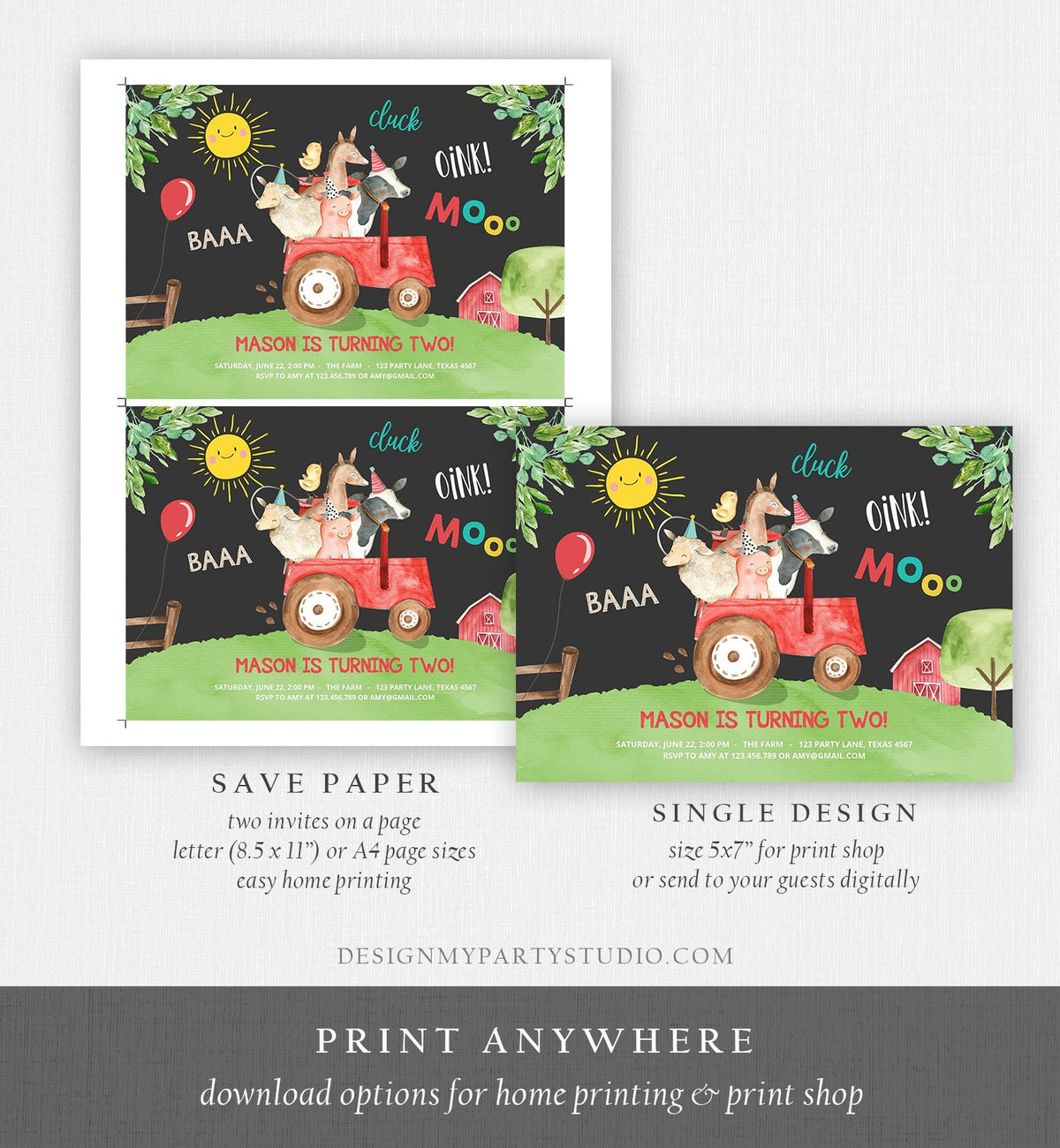 Editable Farm Birthday Invitation Boy Farm Animals Red Tractor Leaves Barnyard Party Cow Pig Download Printable Template Digital Corjl 0155