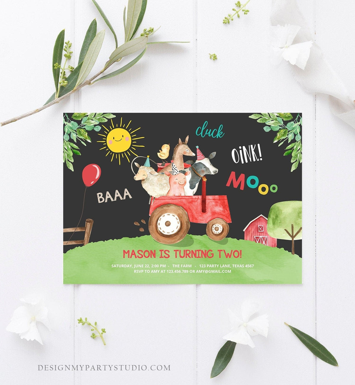 Editable Farm Birthday Invitation Boy Farm Animals Red Tractor Leaves Barnyard Party Cow Pig Download Printable Template Digital Corjl 0155