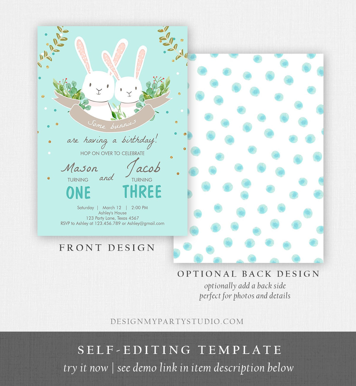 Editable Bunny Birthday Invitation Twins Birthday Blue Twin Boys Birthday Brothers Bunnies Printable Template Download Corjl Digital 0104