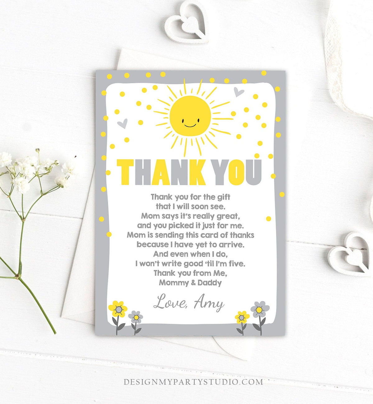 Editable Baby Shower Thank You Card Sunshine Thank You Note Gender Neutral Sunshine Birthday Summer Template Download Digital Corjl 0070