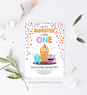 Editable Little Monster Birthday Invitation First Birthday Party Monsters Girl Confetti 1st Pink Purple One Printable Corjl Template 0058