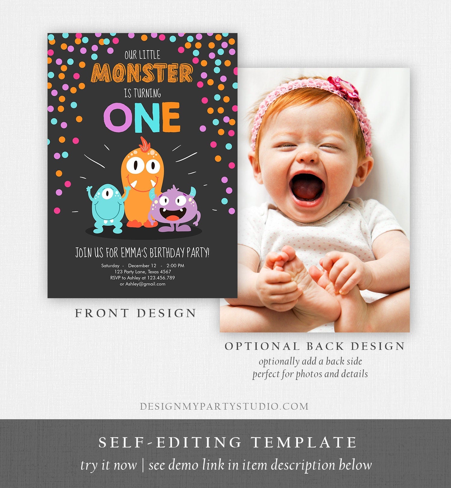 Editable Little Monster Birthday Invitation First Birthday Party Monsters Girl Confetti 1st Pink Purple One Printable Corjl Template 0058