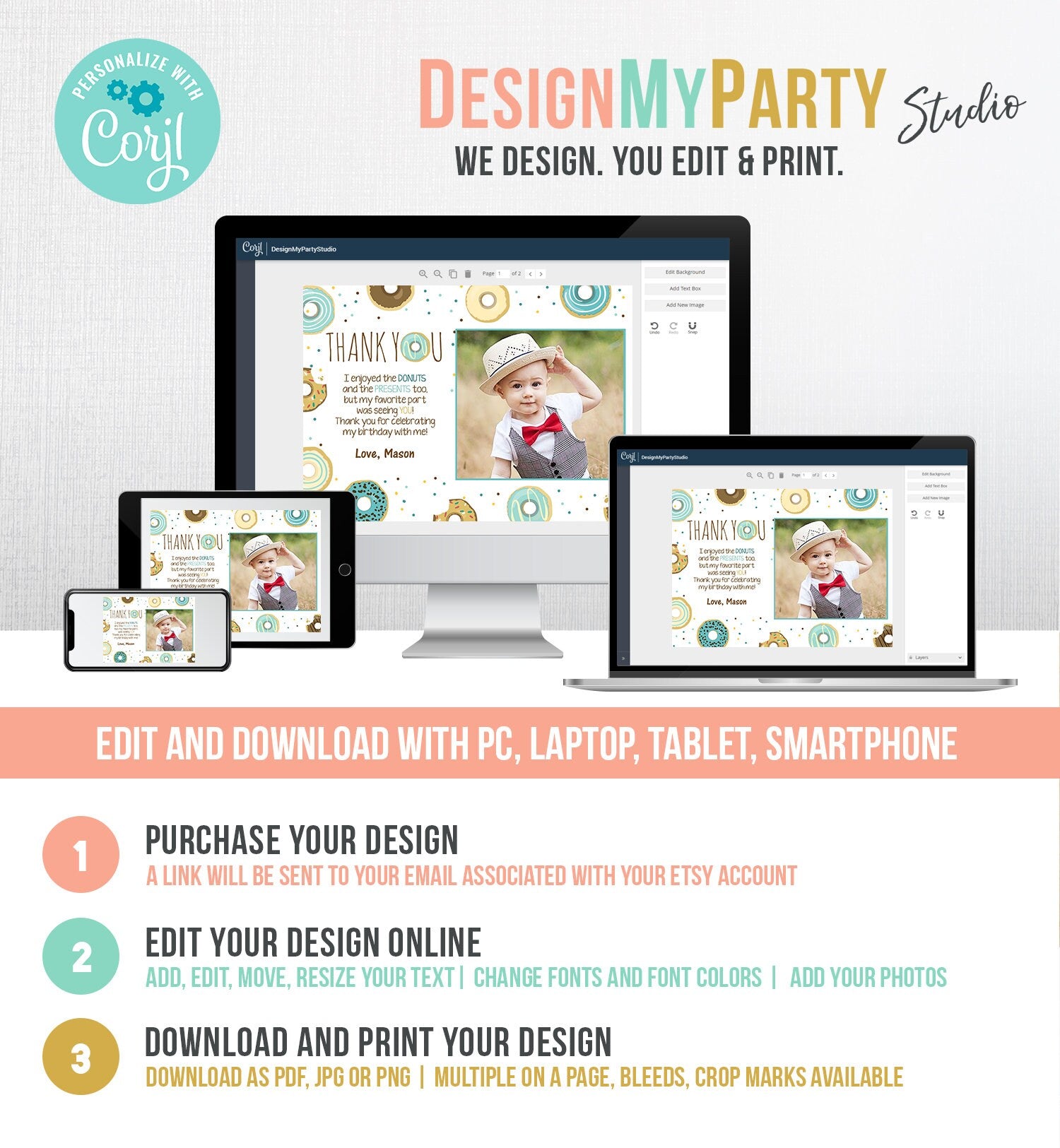 Editable Donut Thank You Card Note Blue Boy Birthday Party Doughnut Thank You Photo Sweet First Birthday 1st Corjl Template Printable 0050