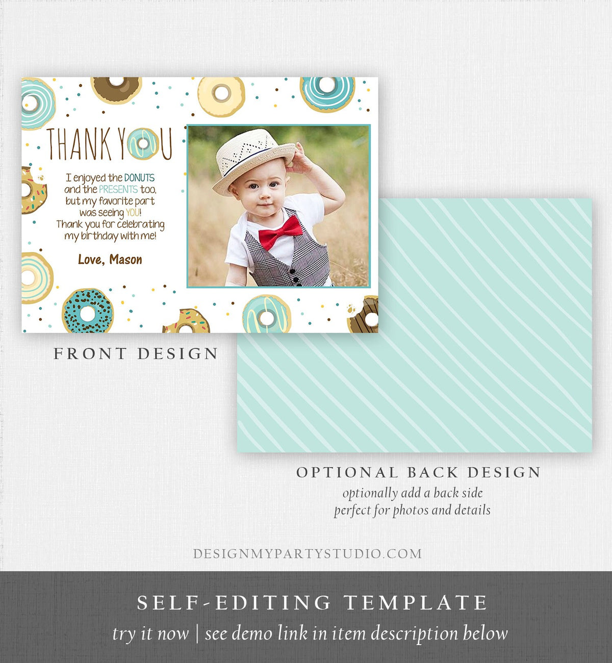 Editable Donut Thank You Card Note Blue Boy Birthday Party Doughnut Thank You Photo Sweet First Birthday 1st Corjl Template Printable 0050