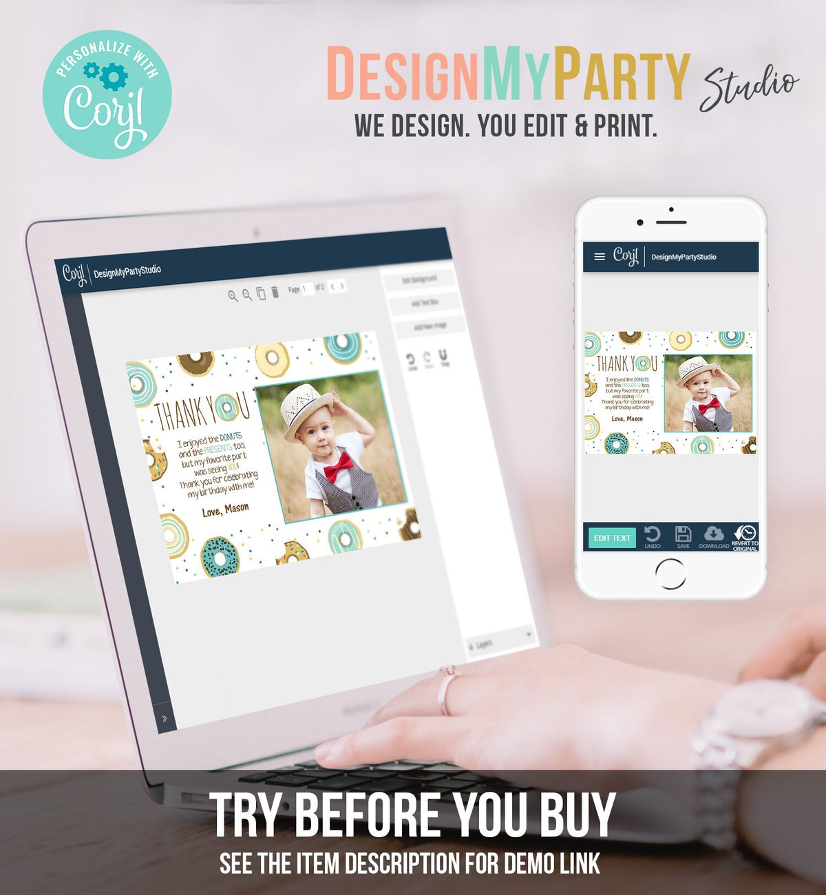 Editable Donut Thank You Card Note Blue Boy Birthday Party Doughnut Thank You Photo Sweet First Birthday 1st Corjl Template Printable 0050