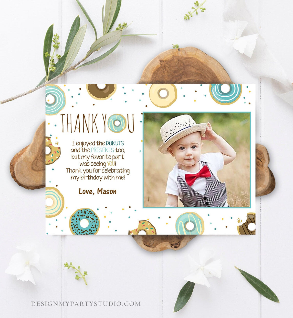 Editable Donut Thank You Card Note Blue Boy Birthday Party Doughnut Thank You Photo Sweet First Birthday 1st Corjl Template Printable 0050