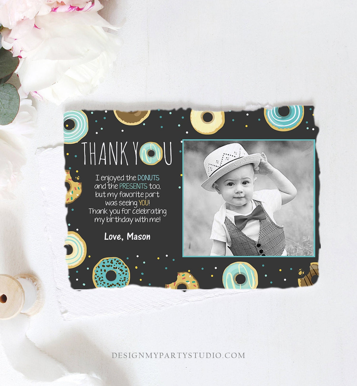 Editable Donut Thank You Card Note Blue Boy Birthday Party Doughnut Thank You Photo Sweet First Birthday 1st Corjl Template Printable 0050