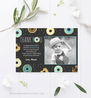 Editable Donut Thank You Card Note Blue Boy Birthday Party Doughnut Thank You Photo Sweet First Birthday 1st Corjl Template Printable 0050