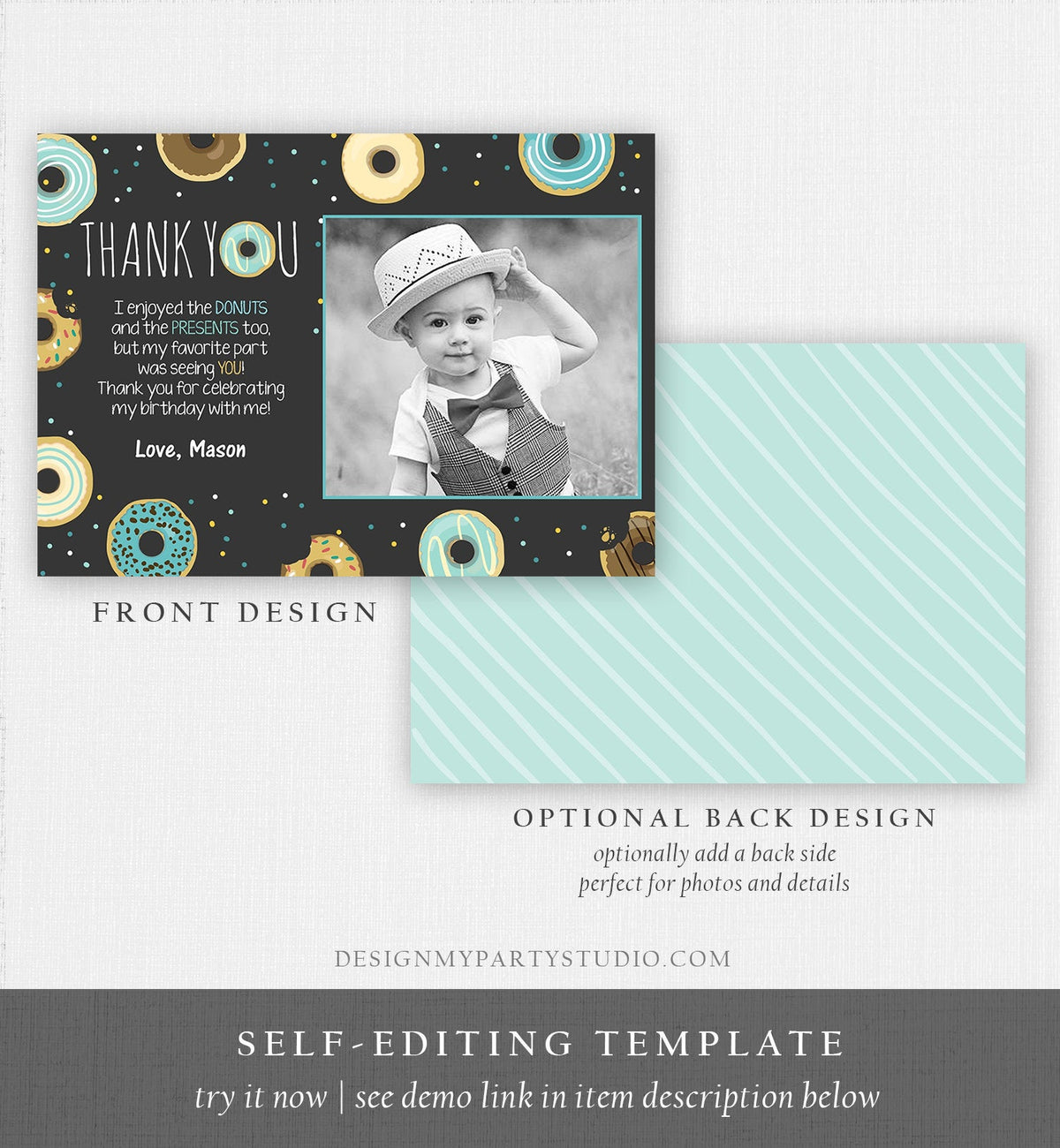 Editable Donut Thank You Card Note Blue Boy Birthday Party Doughnut Thank You Photo Sweet First Birthday 1st Corjl Template Printable 0050