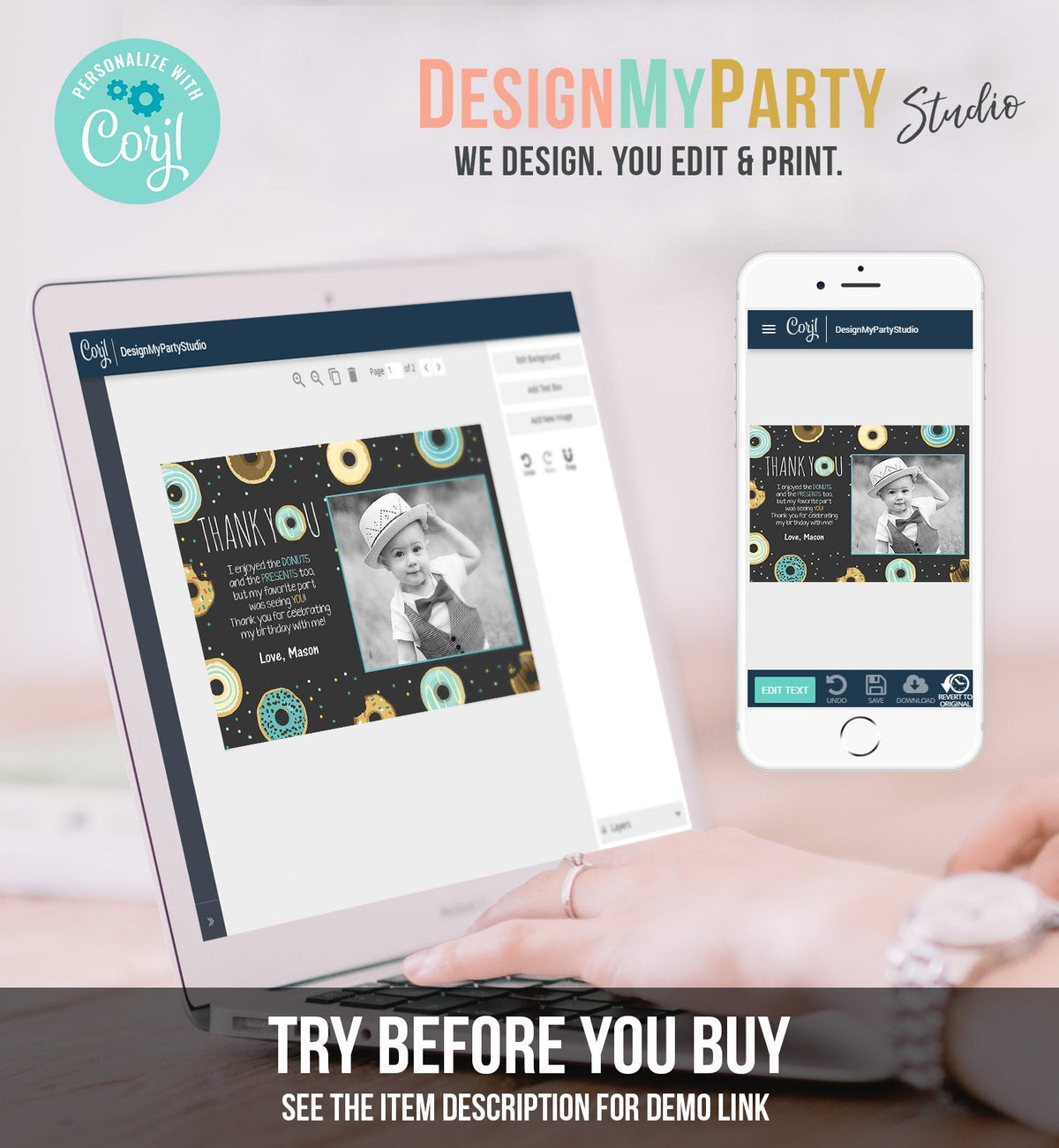 Editable Donut Thank You Card Note Blue Boy Birthday Party Doughnut Thank You Photo Sweet First Birthday 1st Corjl Template Printable 0050