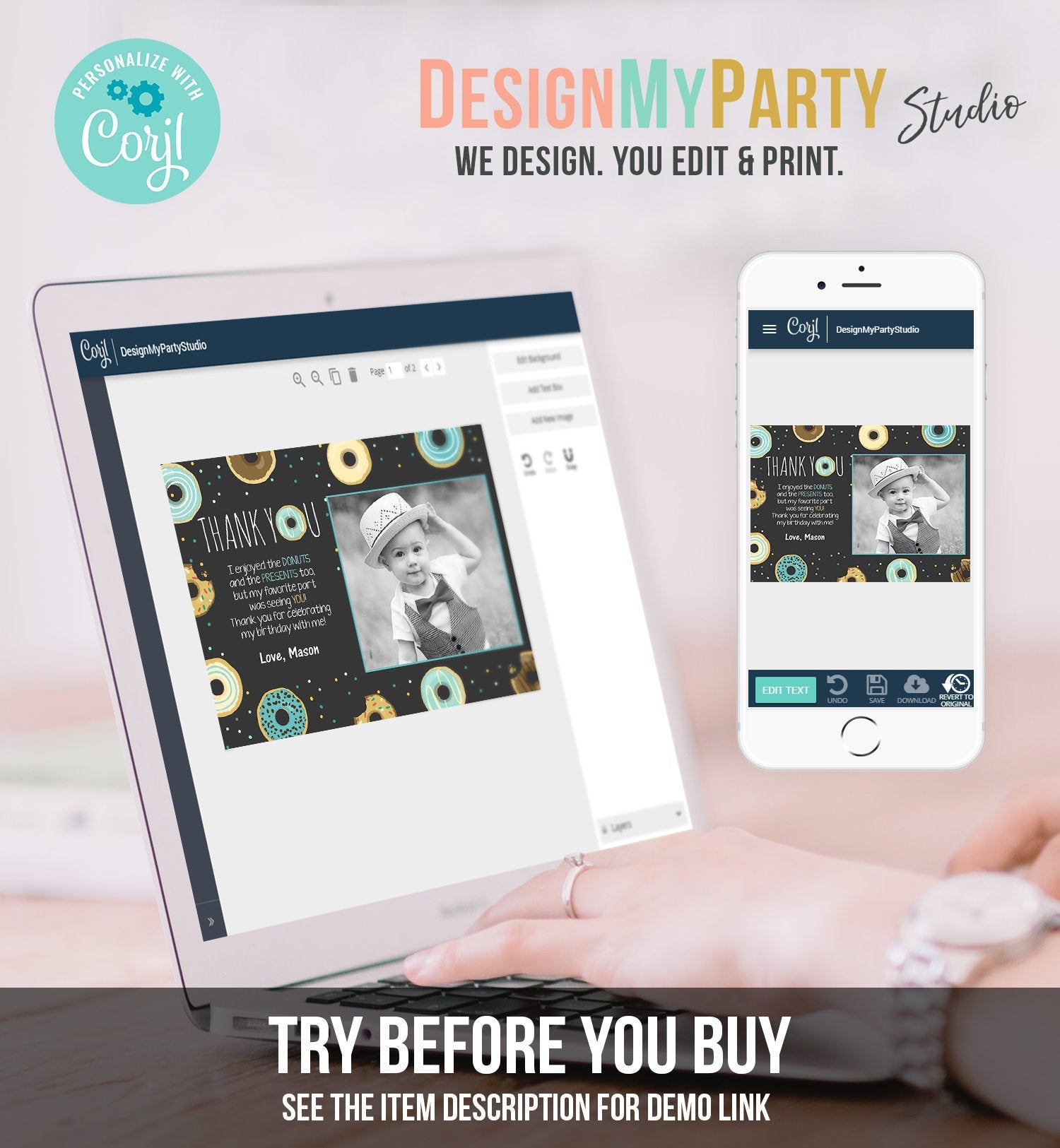 Editable Donut Thank You Card Note Blue Boy Birthday Party Doughnut Thank You Photo Sweet First Birthday 1st Corjl Template Printable 0050