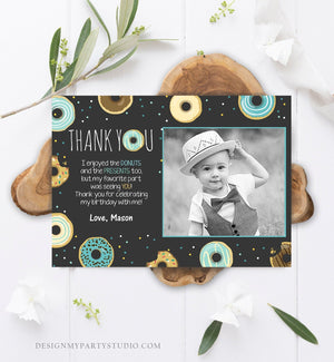 Editable Donut Thank You Card Note Blue Boy Birthday Party Doughnut Thank You Photo Sweet First Birthday 1st Corjl Template Printable 0050