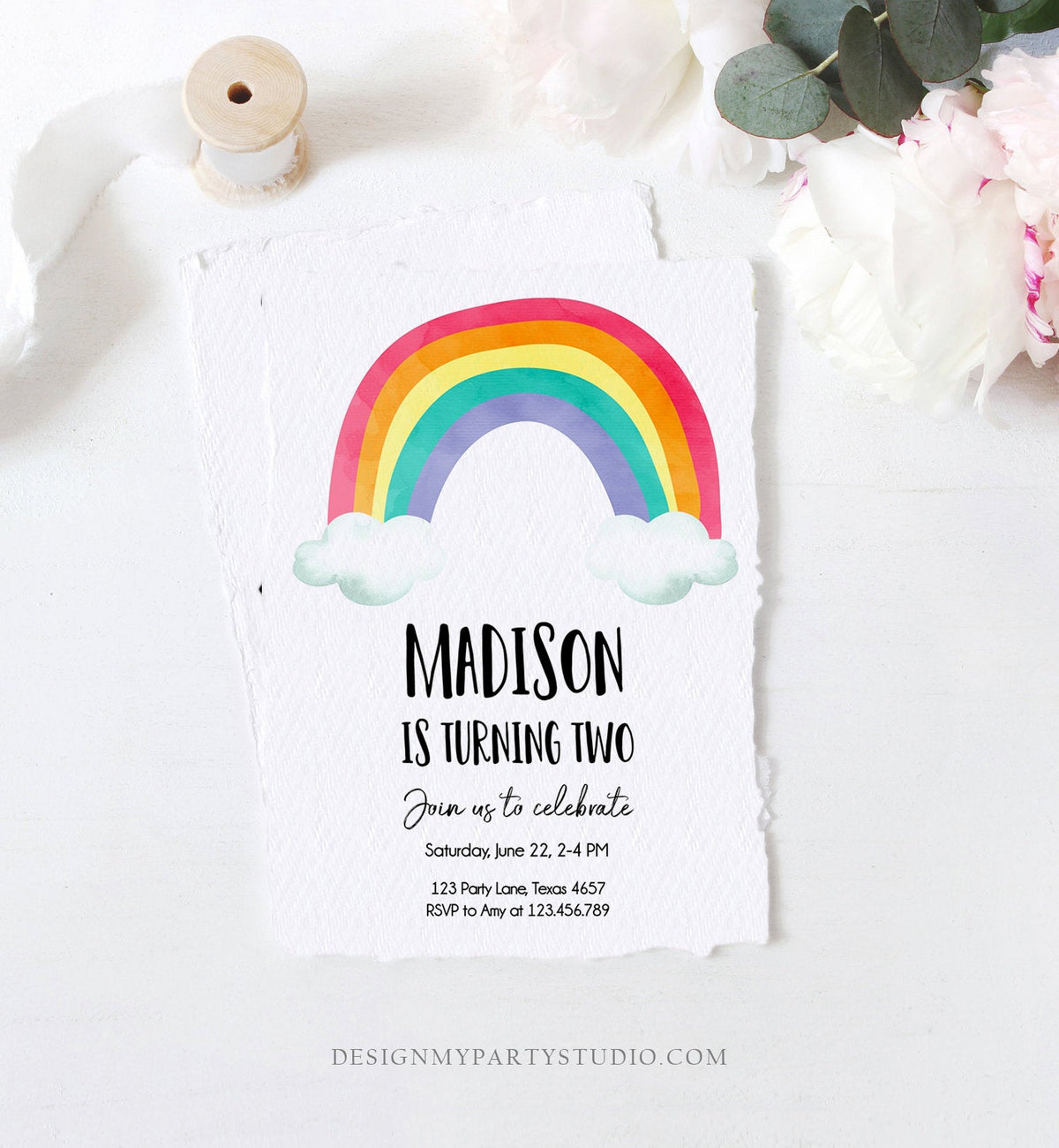 Editable Rainbow Birthday Invitation Kids Girl Boy Neutral Party Clouds Colorful Rainbow Colors Printable Corjl Template Digital 0272