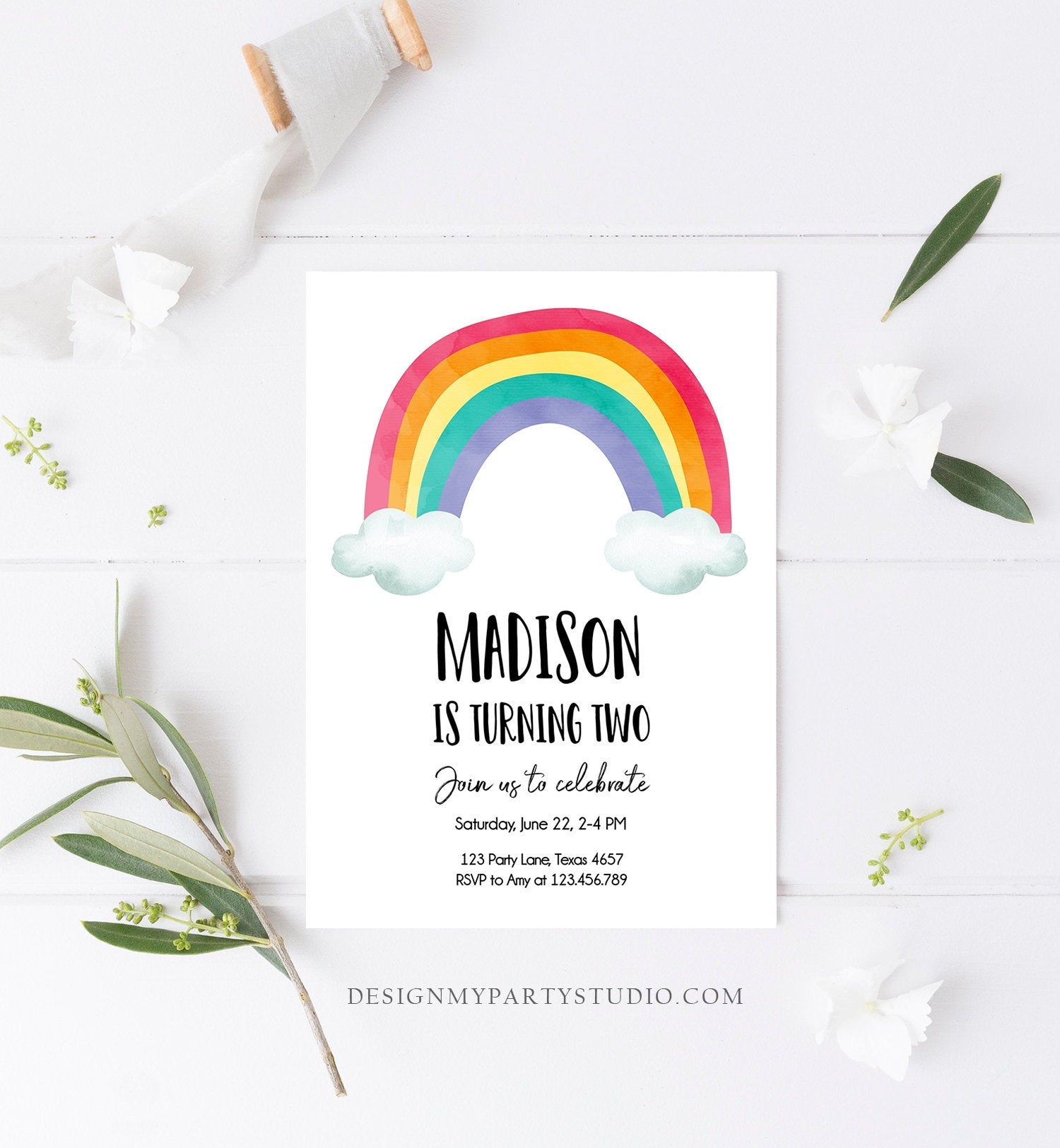 Editable Rainbow Birthday Invitation Kids Girl Boy Neutral Party Clouds Colorful Rainbow Colors Printable Corjl Template Digital 0272