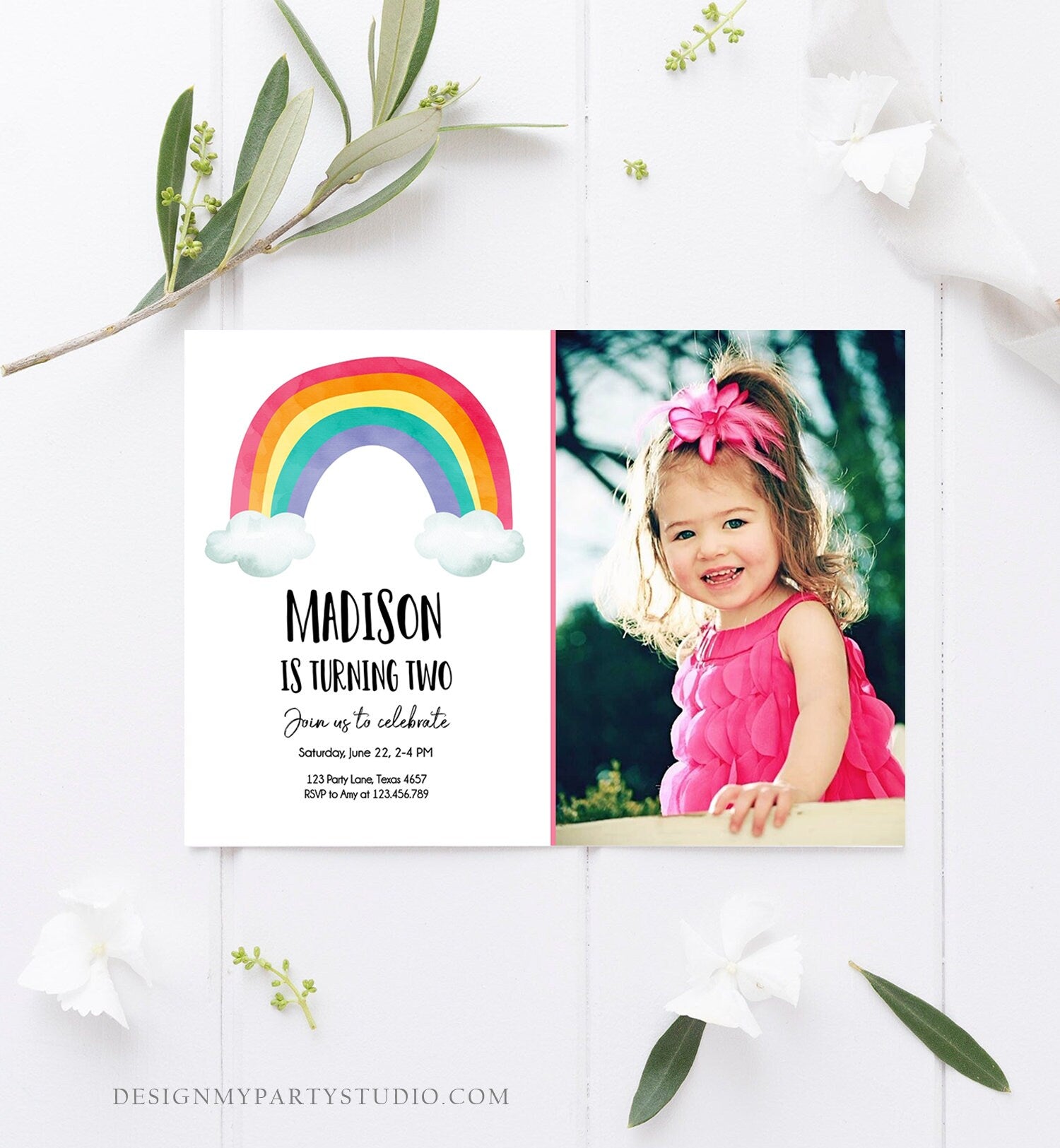 Editable Rainbow Birthday Invitation Kids Girl Boy Neutral Party Clouds Colorful Rainbow Colors Printable Corjl Template Digital 0272