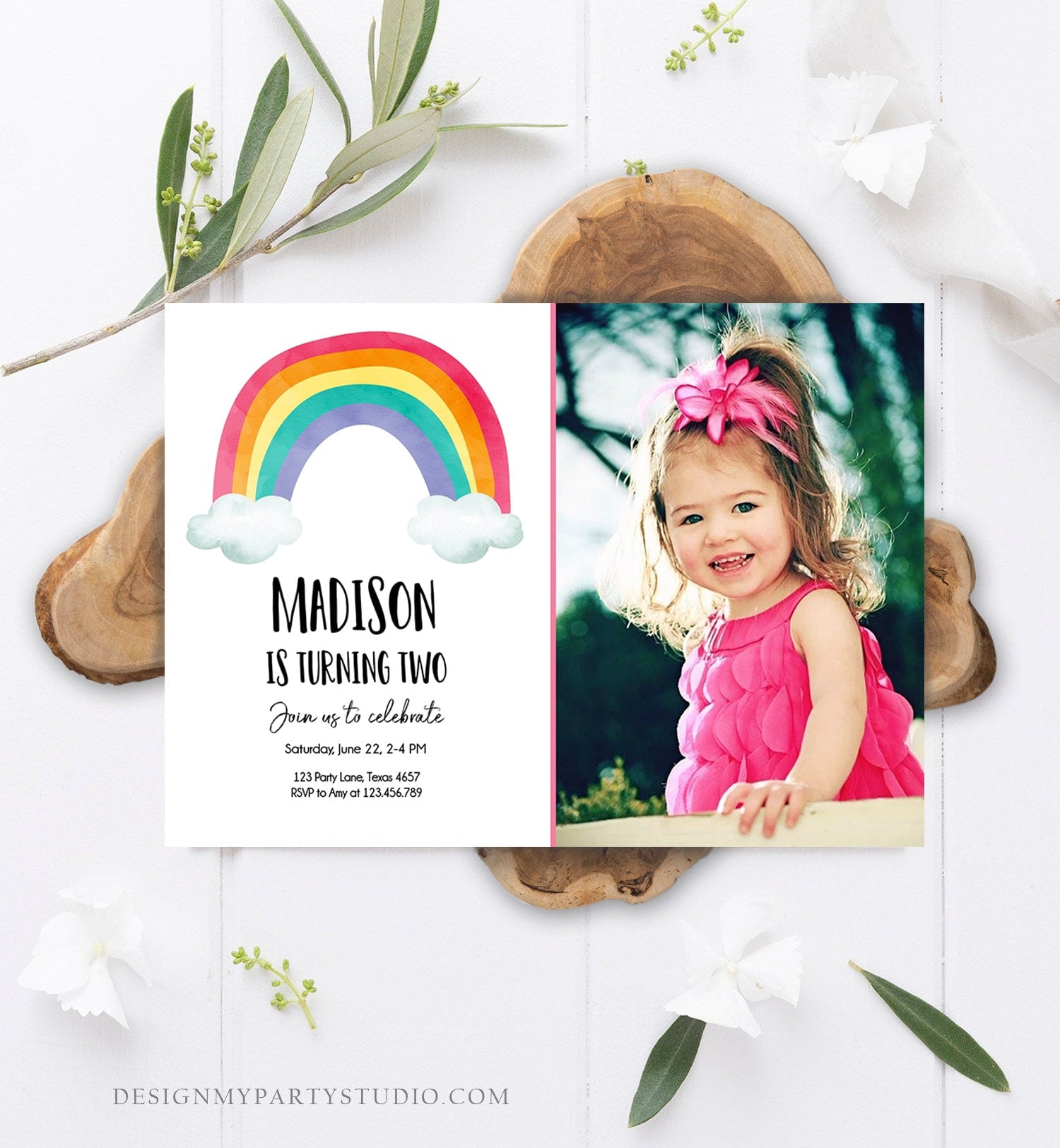 Editable Rainbow Birthday Invitation Kids Girl Boy Neutral Party Clouds Colorful Rainbow Colors Printable Corjl Template Digital 0272
