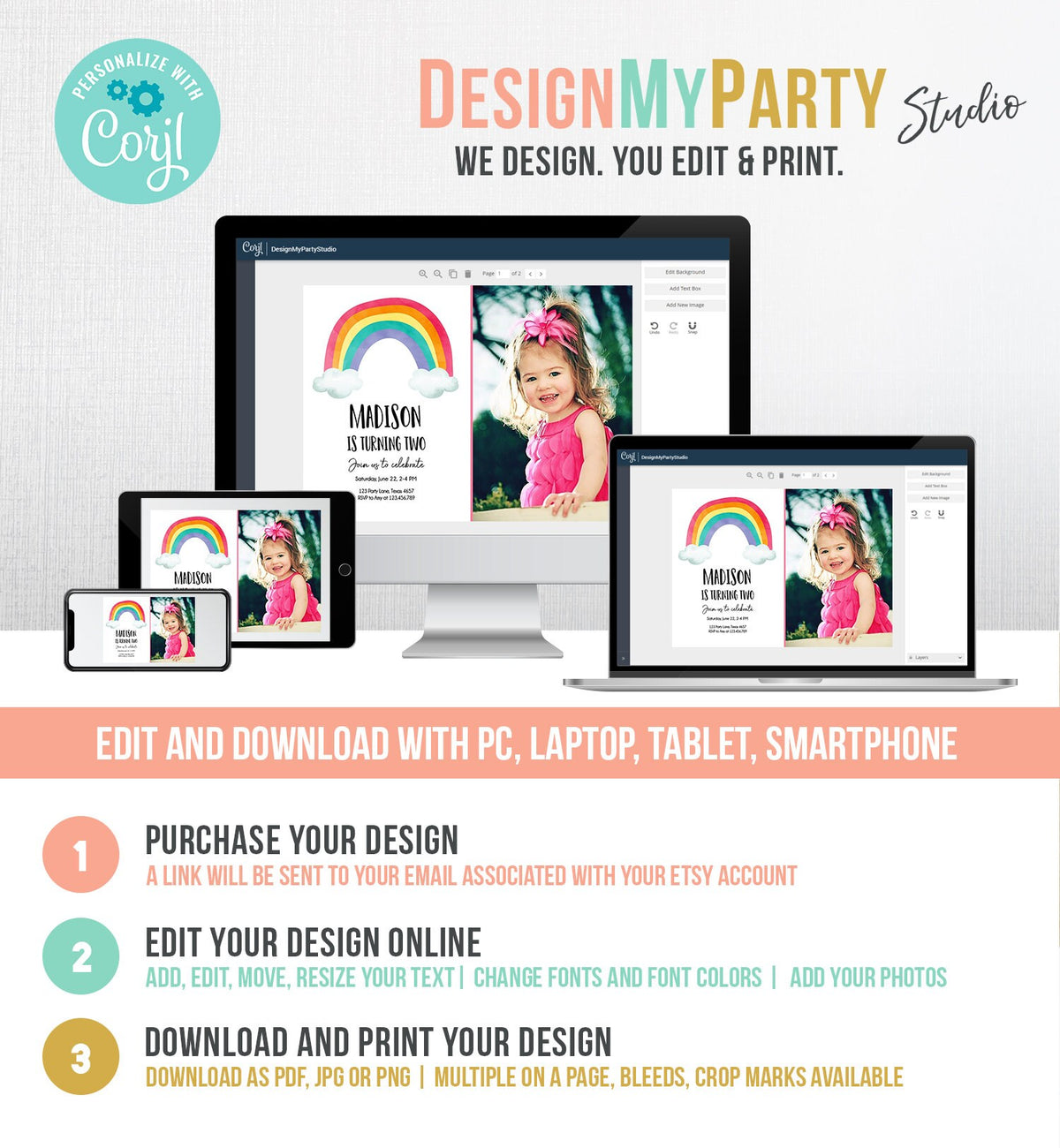 Editable Rainbow Birthday Invitation Kids Girl Boy Neutral Party Clouds Colorful Rainbow Colors Printable Corjl Template Digital 0272