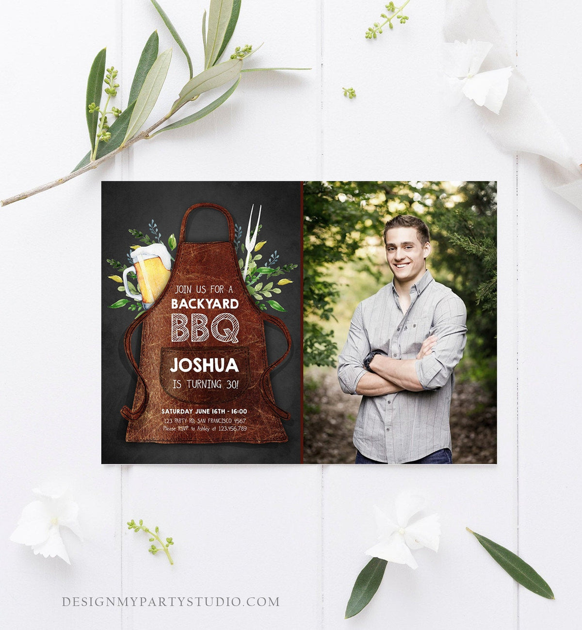 Editable BBQ Birthday Invitation Barbecue Backyard Party Cheers Beer Grill Apron 30th 40th Adult Wood Grill and Chill Corjl Template 0321